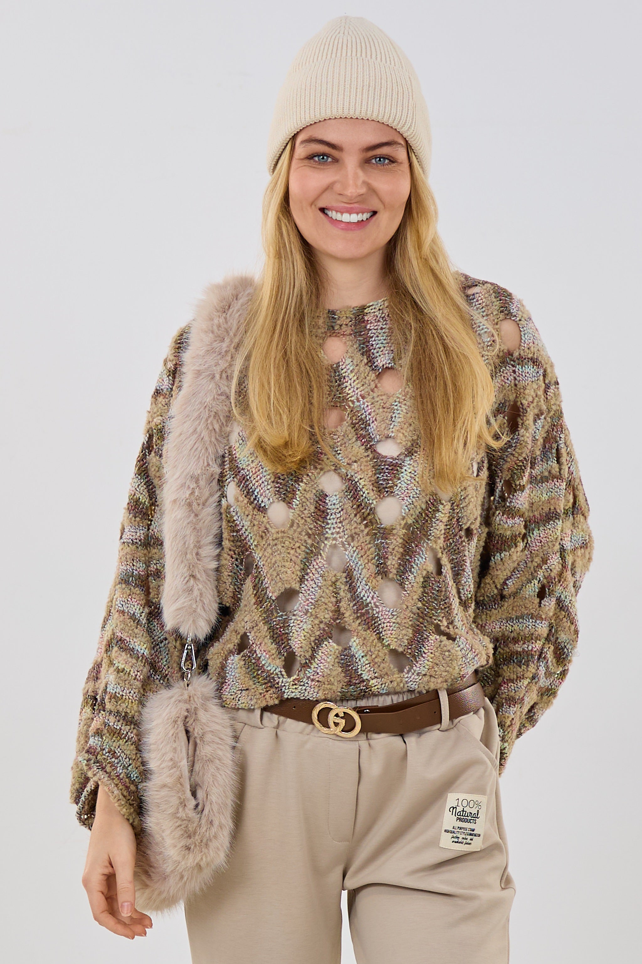 Lochstrick Pulli mit Fledermausärmeln, beige-khaki-bunt