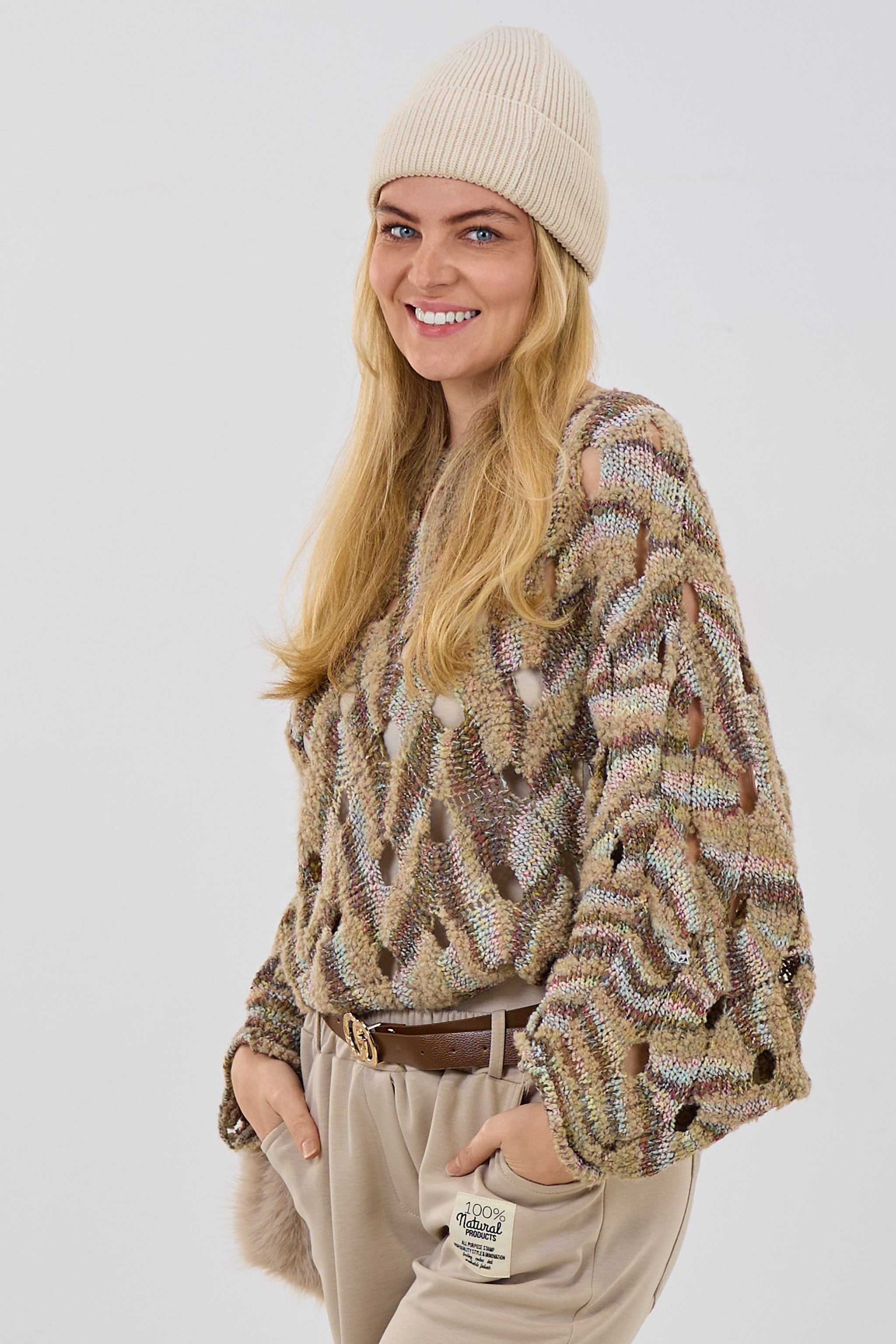 Lochstrick Pulli mit Fledermausärmeln, beige-khaki-bunt