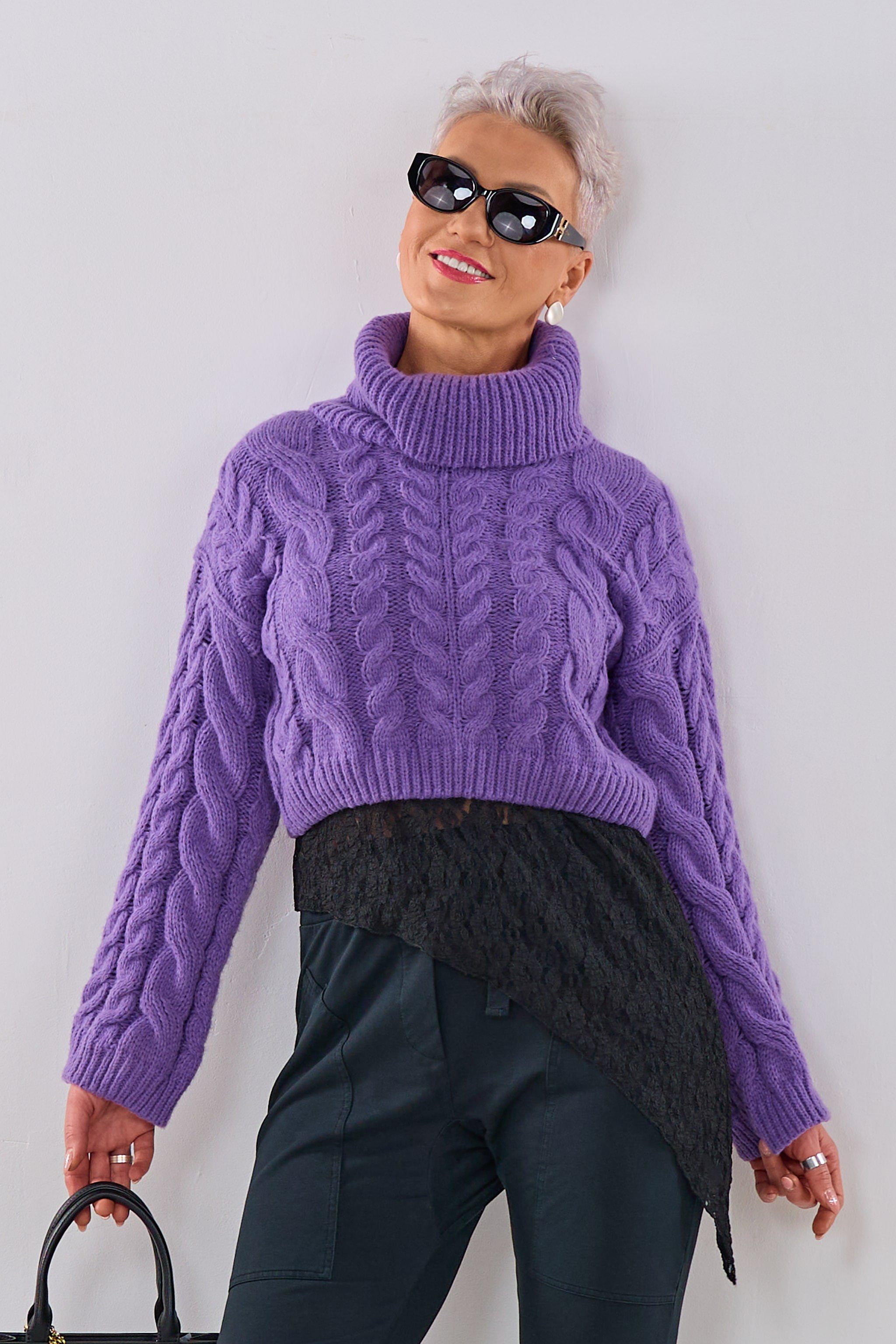 Crop Top Pulli mit Zopfmuster, lila