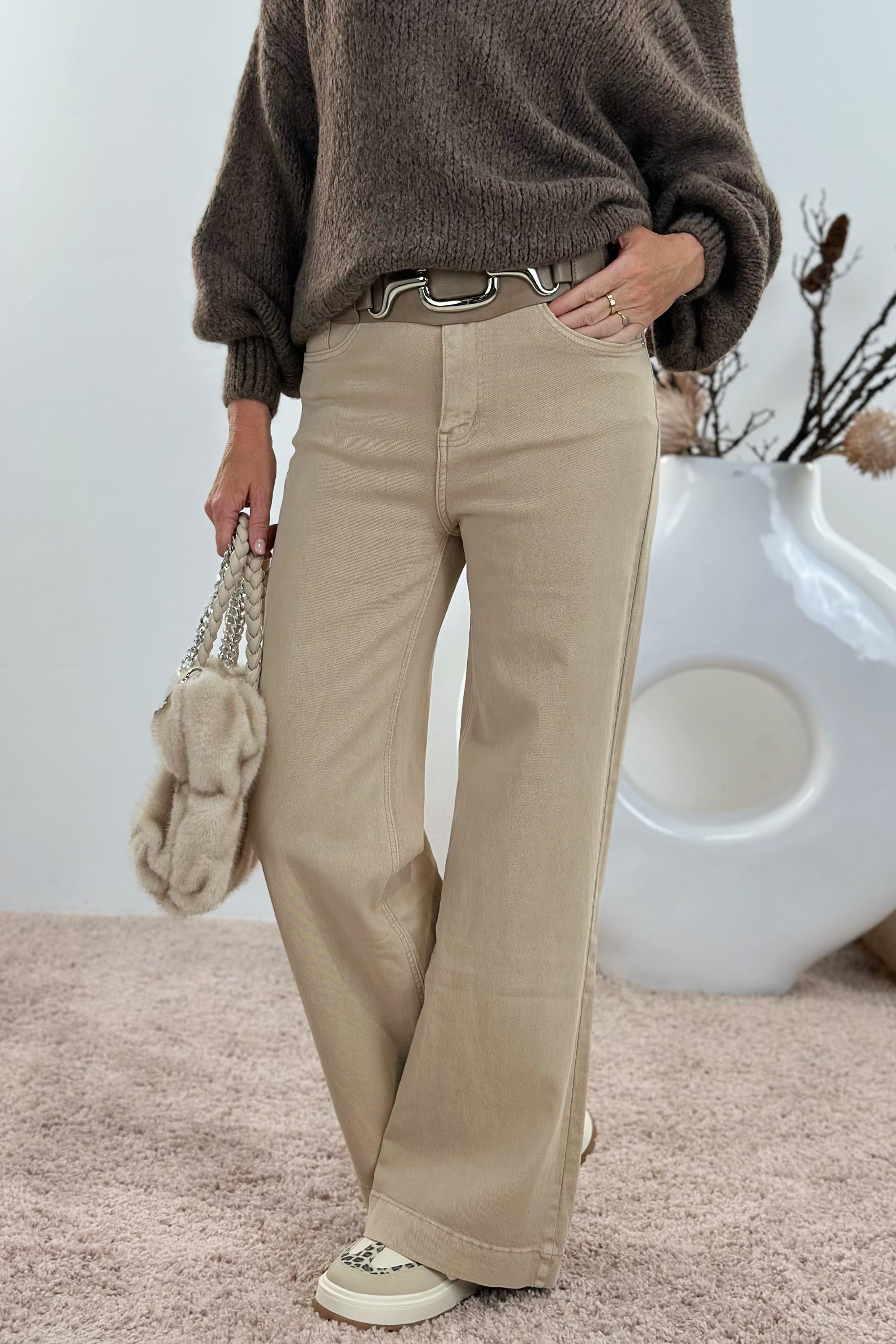 5-Pocket Jeans mit breitem Abschluss, beige