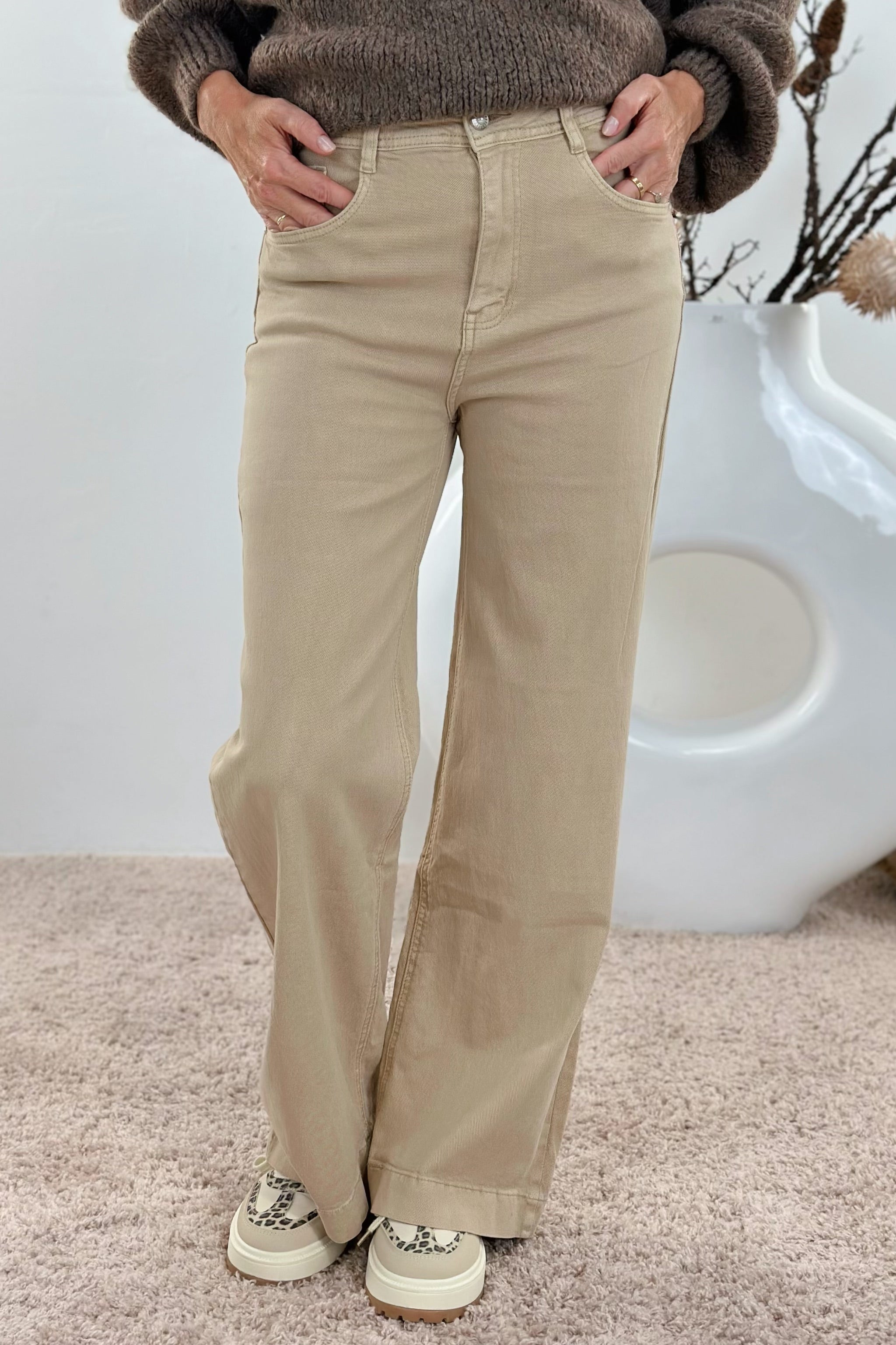 5-Pocket Jeans mit breitem Abschluss, beige