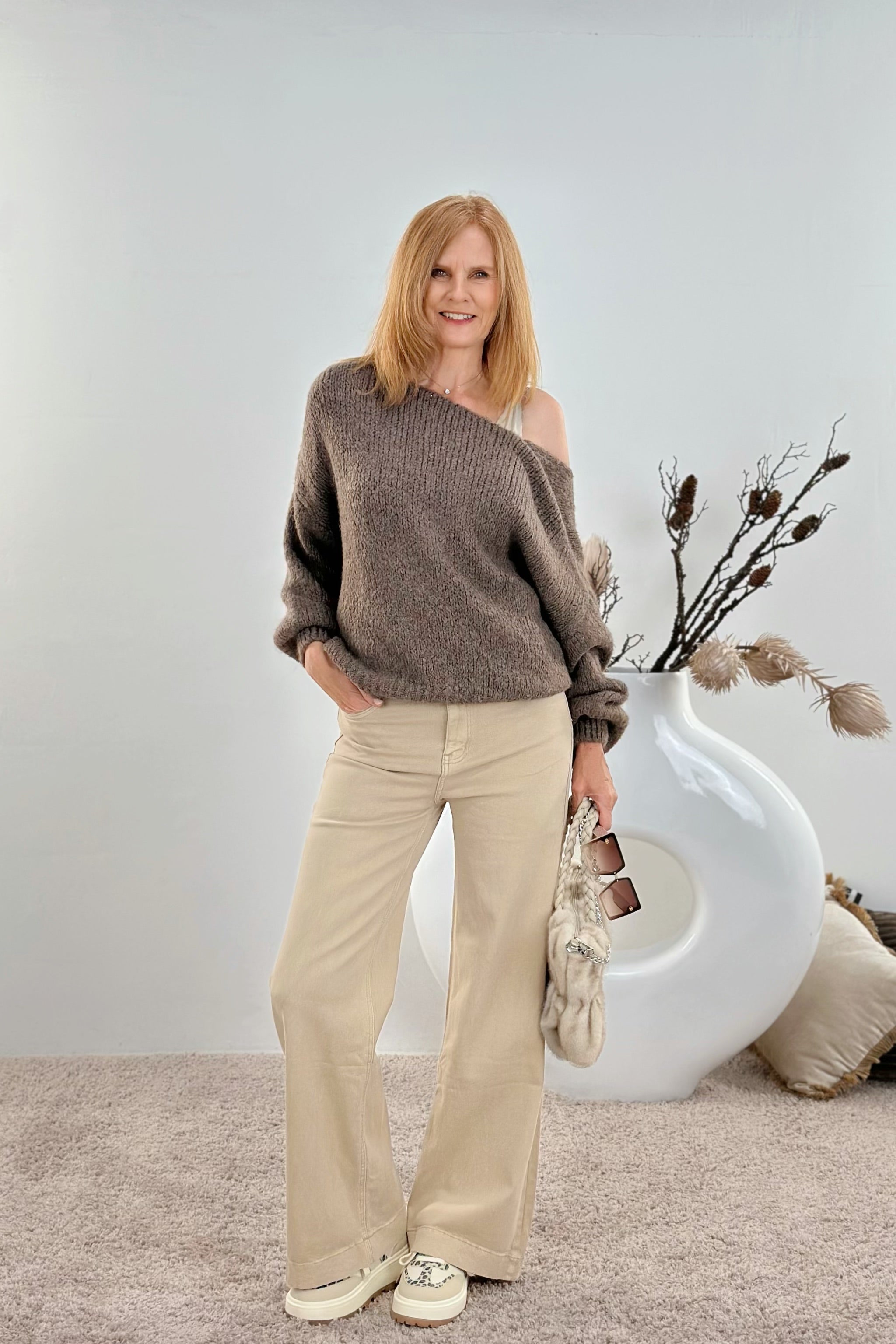 5-Pocket Jeans mit breitem Abschluss, beige