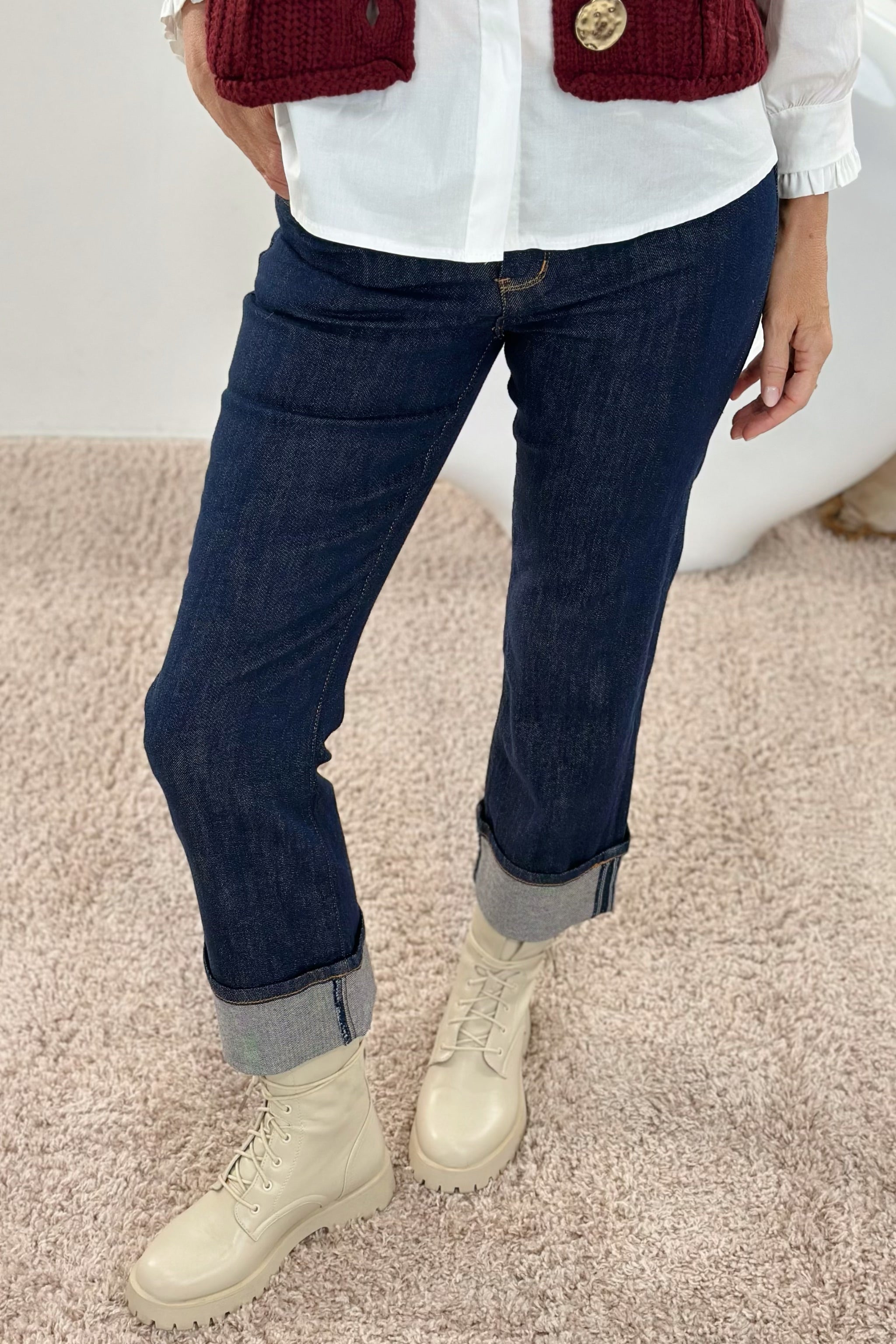 Push-Up Jeans mit breitem Aufschlag, dark denim