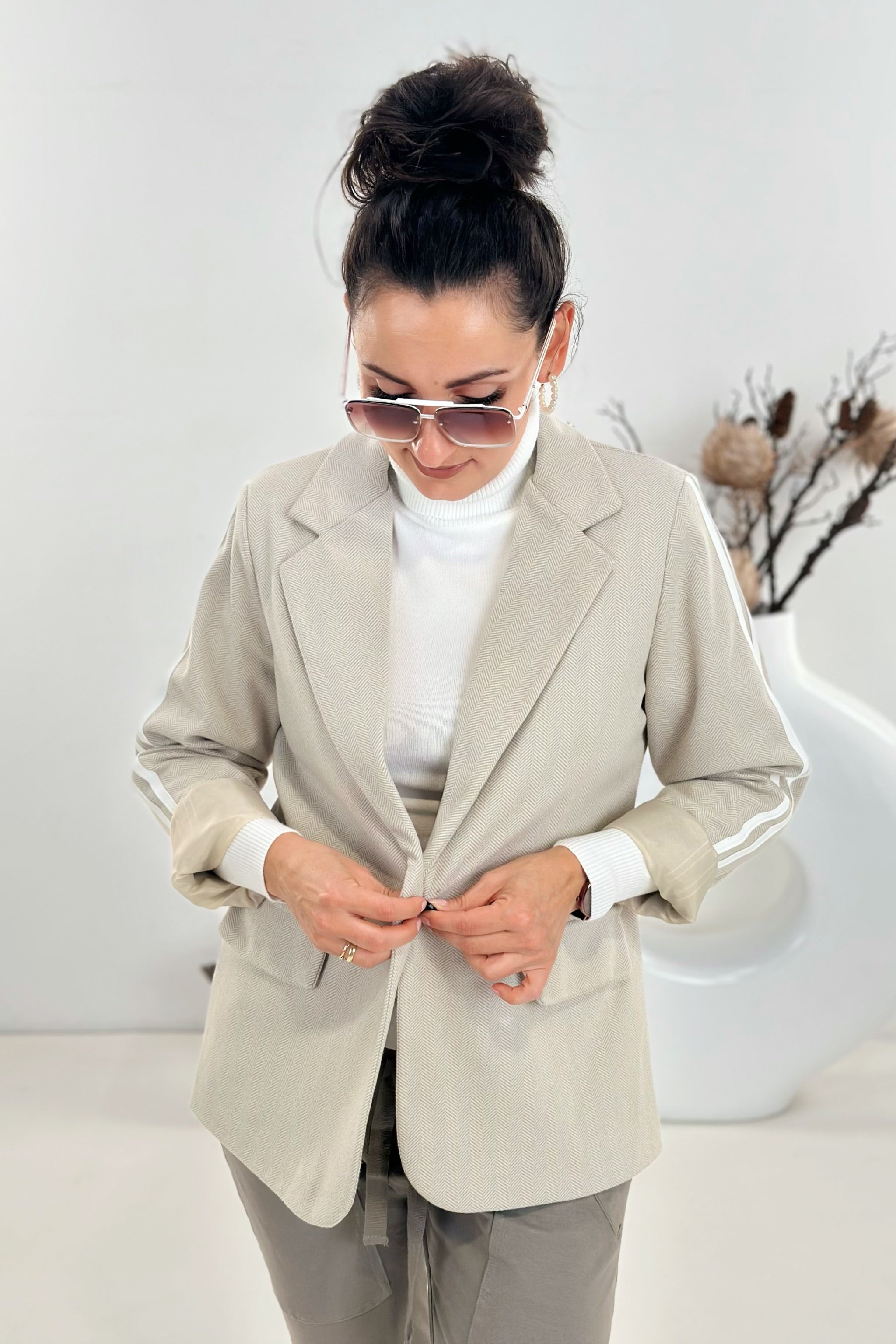 Blazer mit Fischgrätmuster, beige-ecru