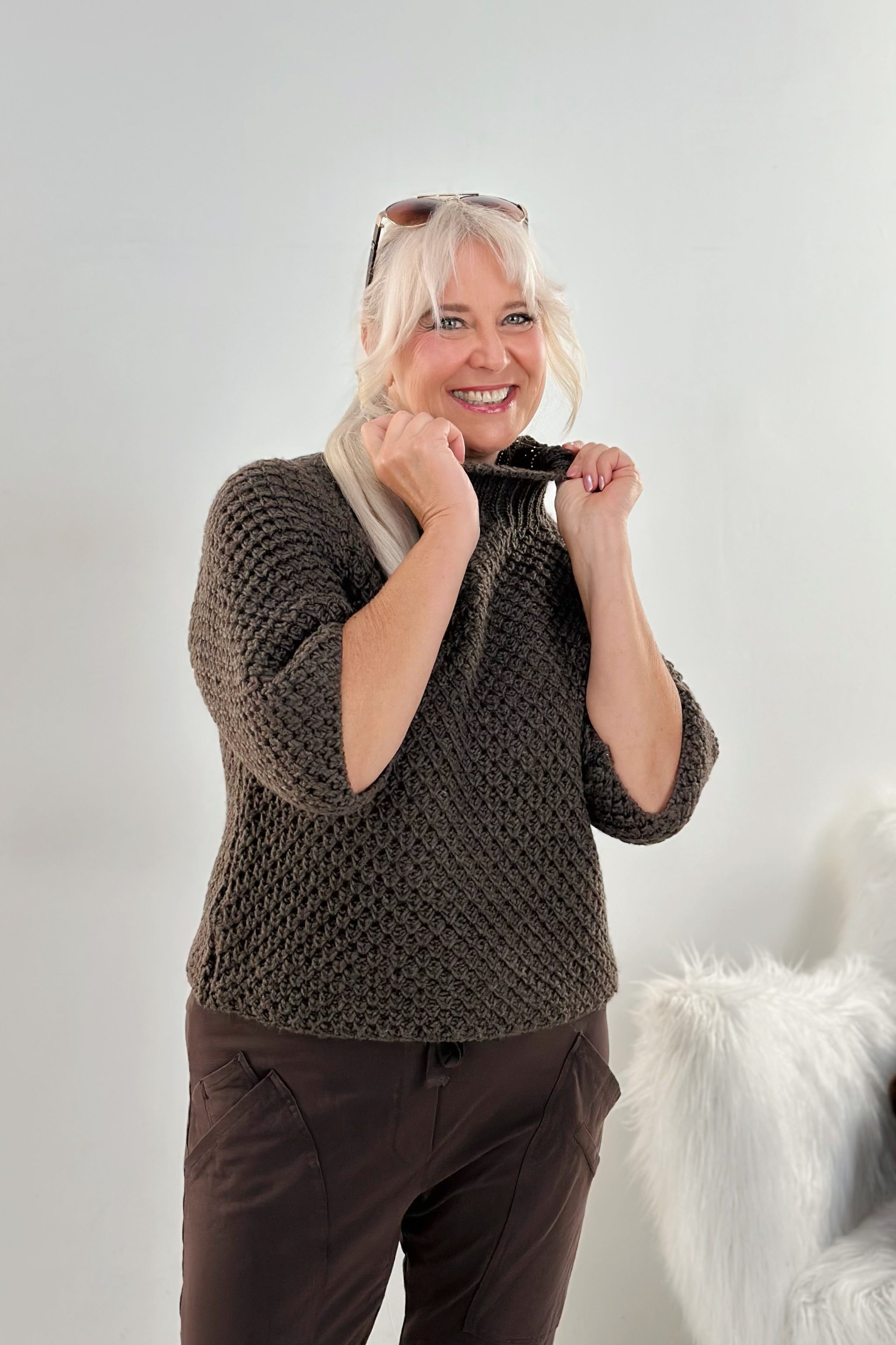 grobgestrickter Pullover mit Turtleneck, braun