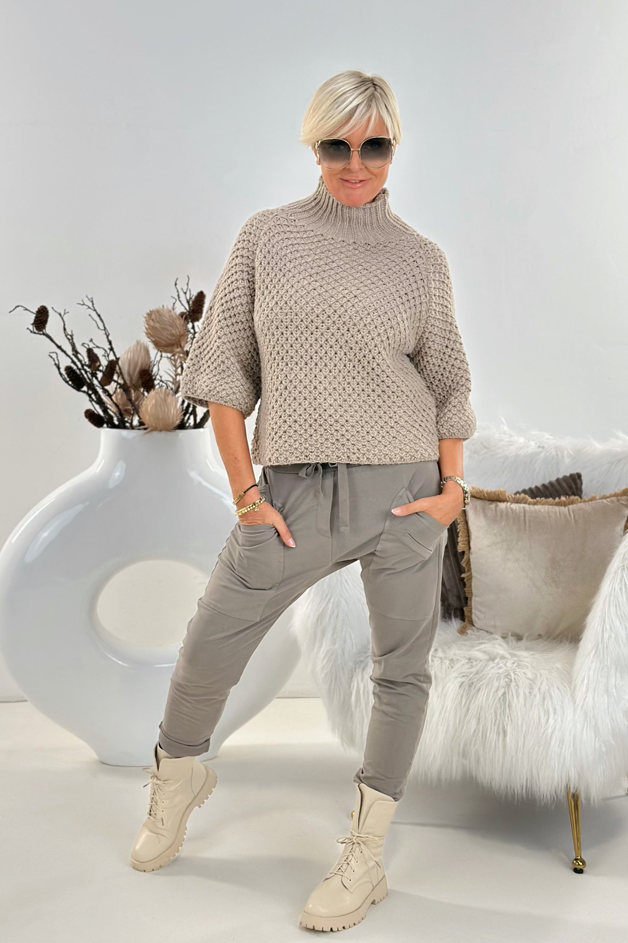 grobgestrickter Pullover mit Turtleneck, taupe
