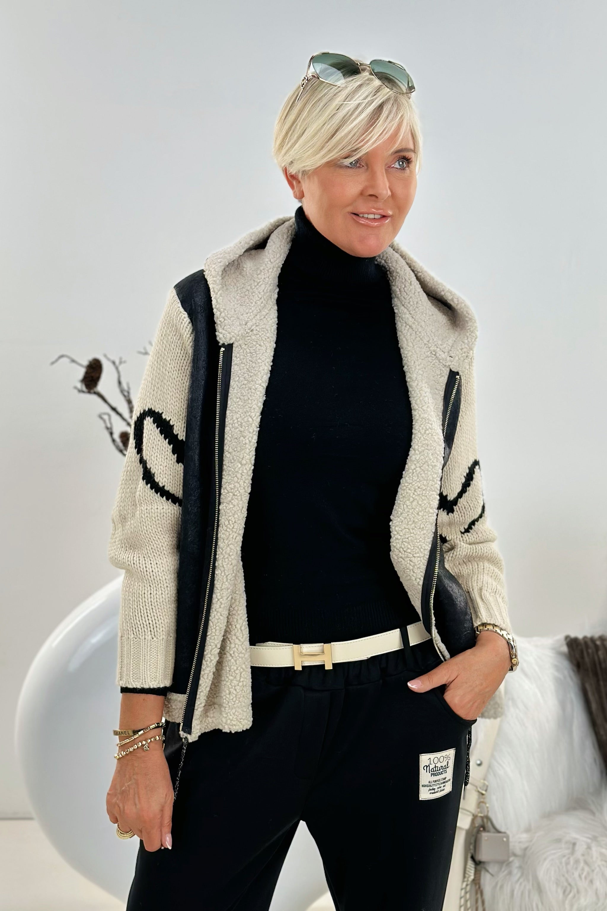 Hoodiejacke mit Teddyfell, schwarz-beige