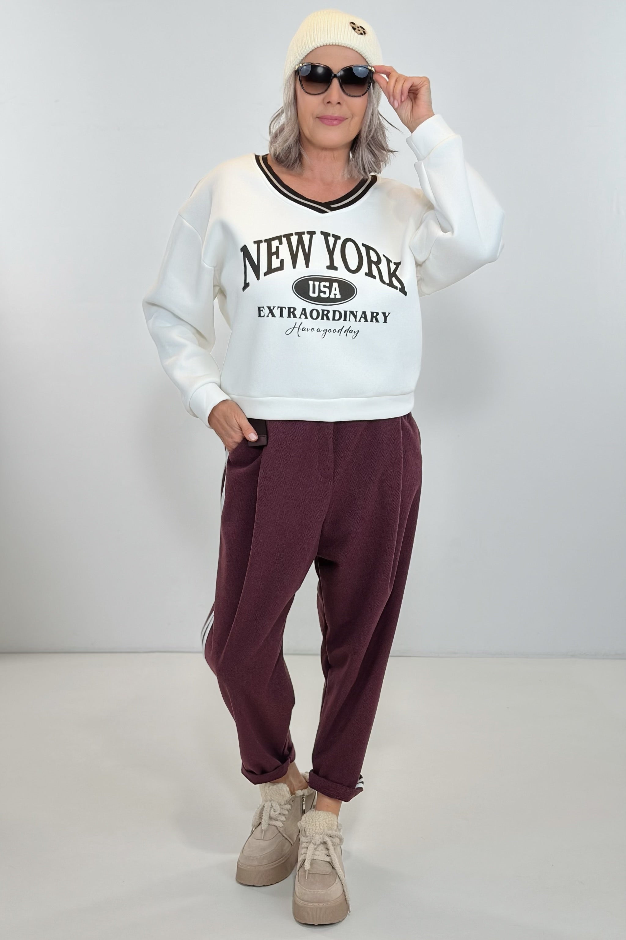 kurzes Sweaty New York, ecru-braun