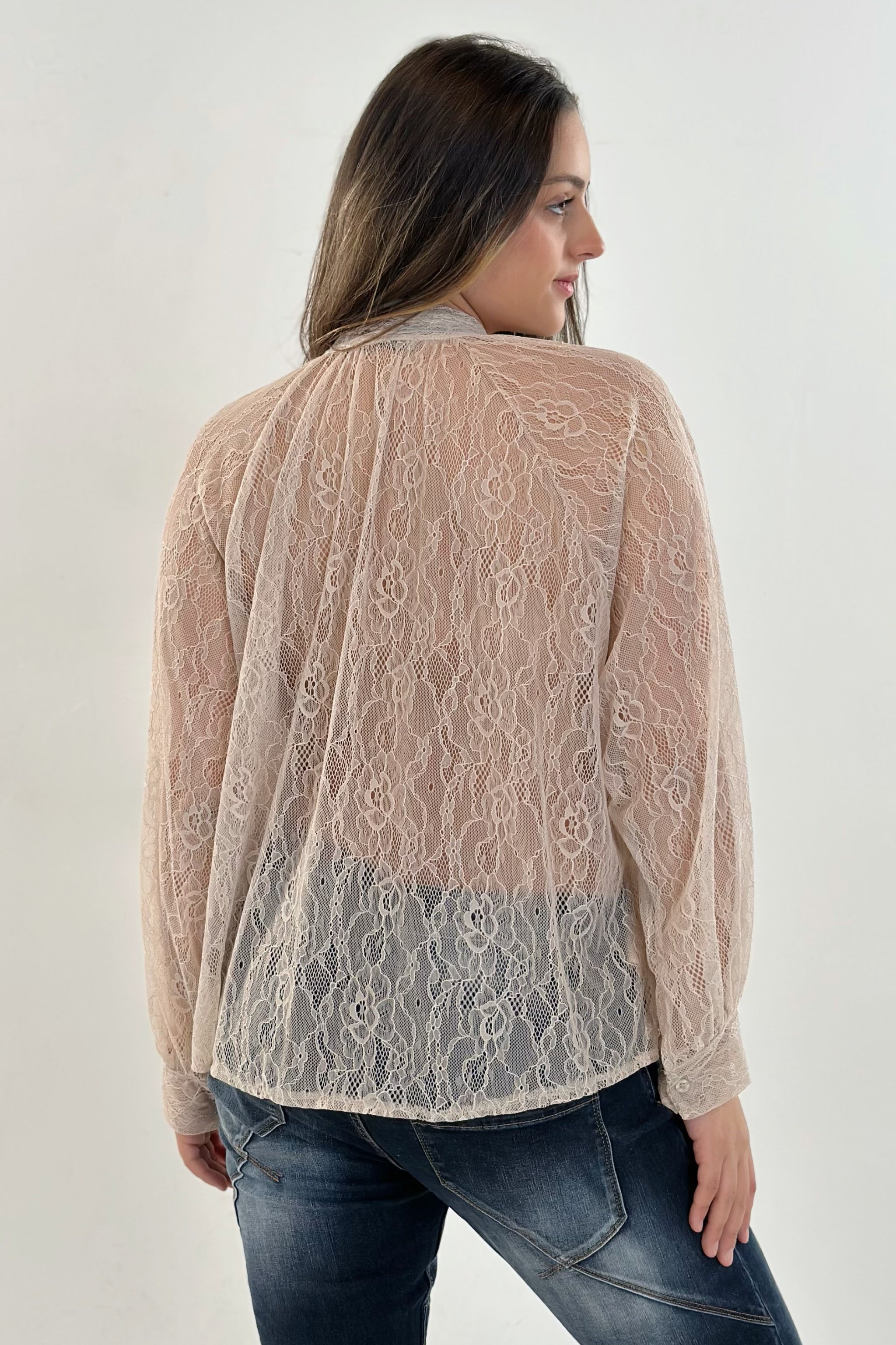 Spitzenbluse mit Schleife, beige
