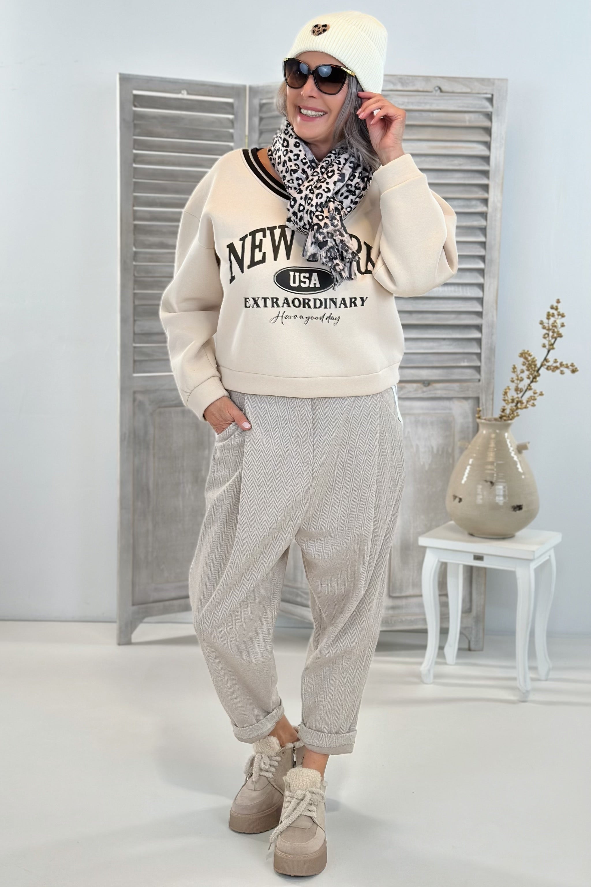 Baggy Hose Fischgrät, beige
