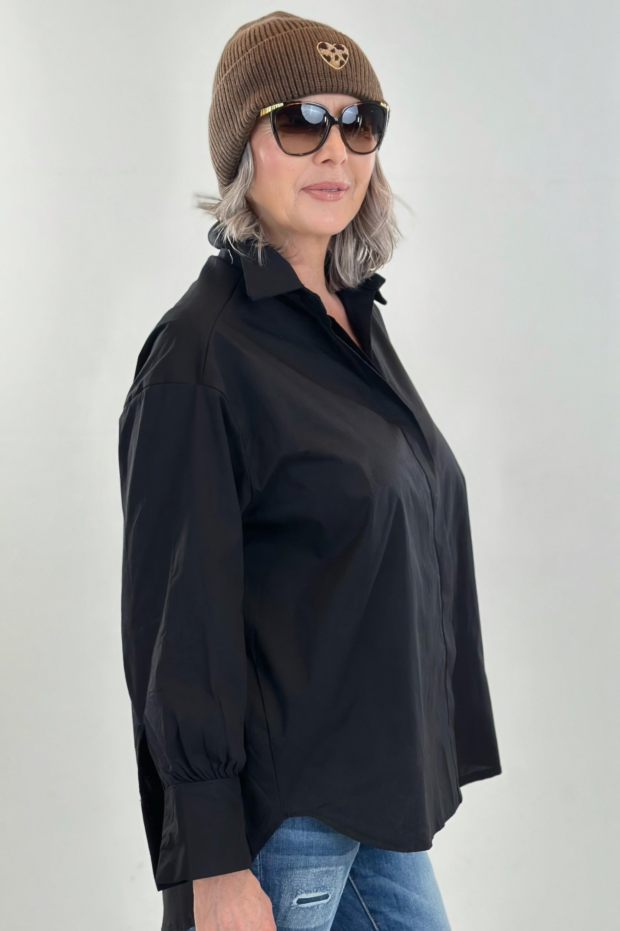 Oversized Bluse mit verdeckter Knopfleiste, schwarz