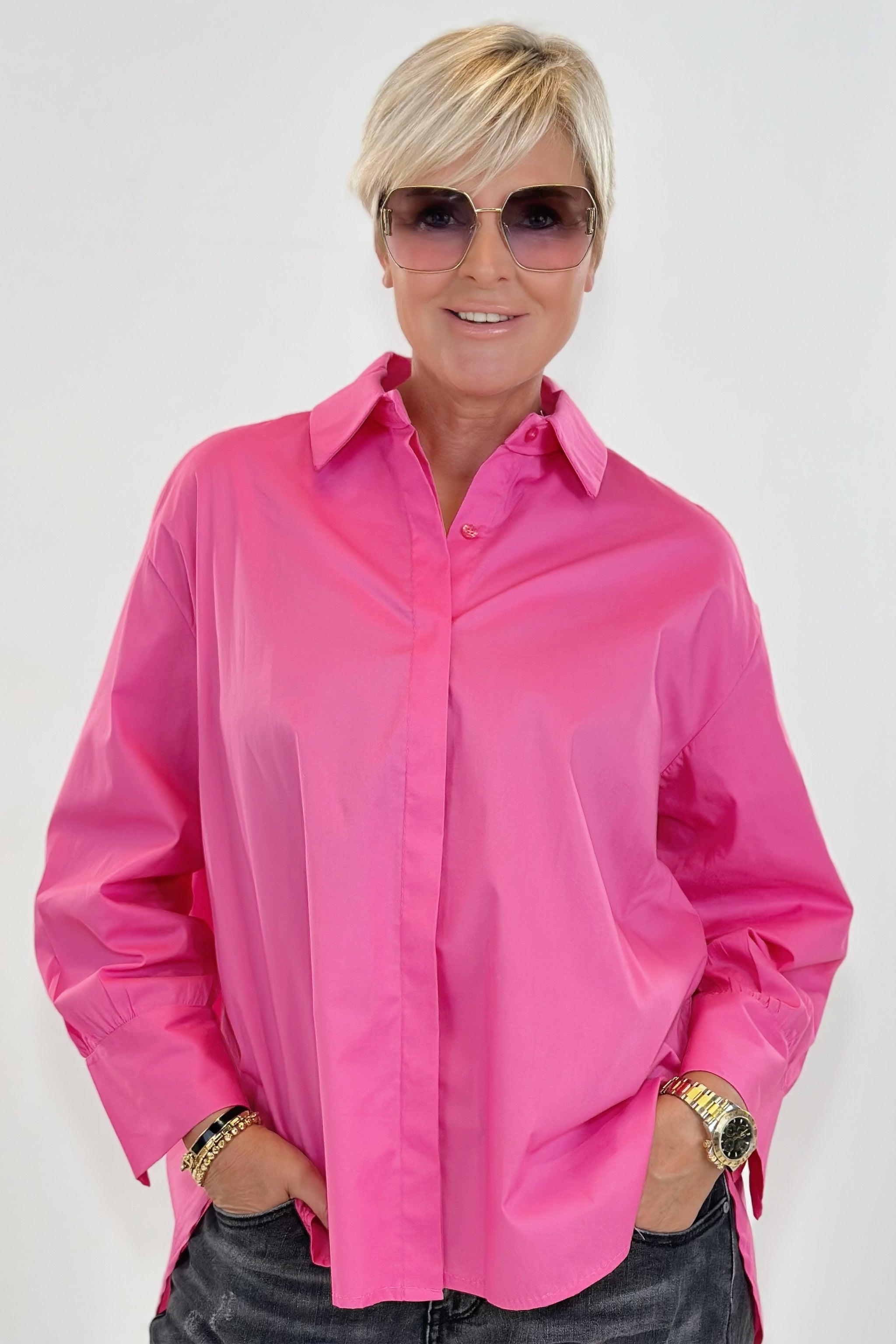 Oversized Bluse mit verdeckter Knopfleiste, pink