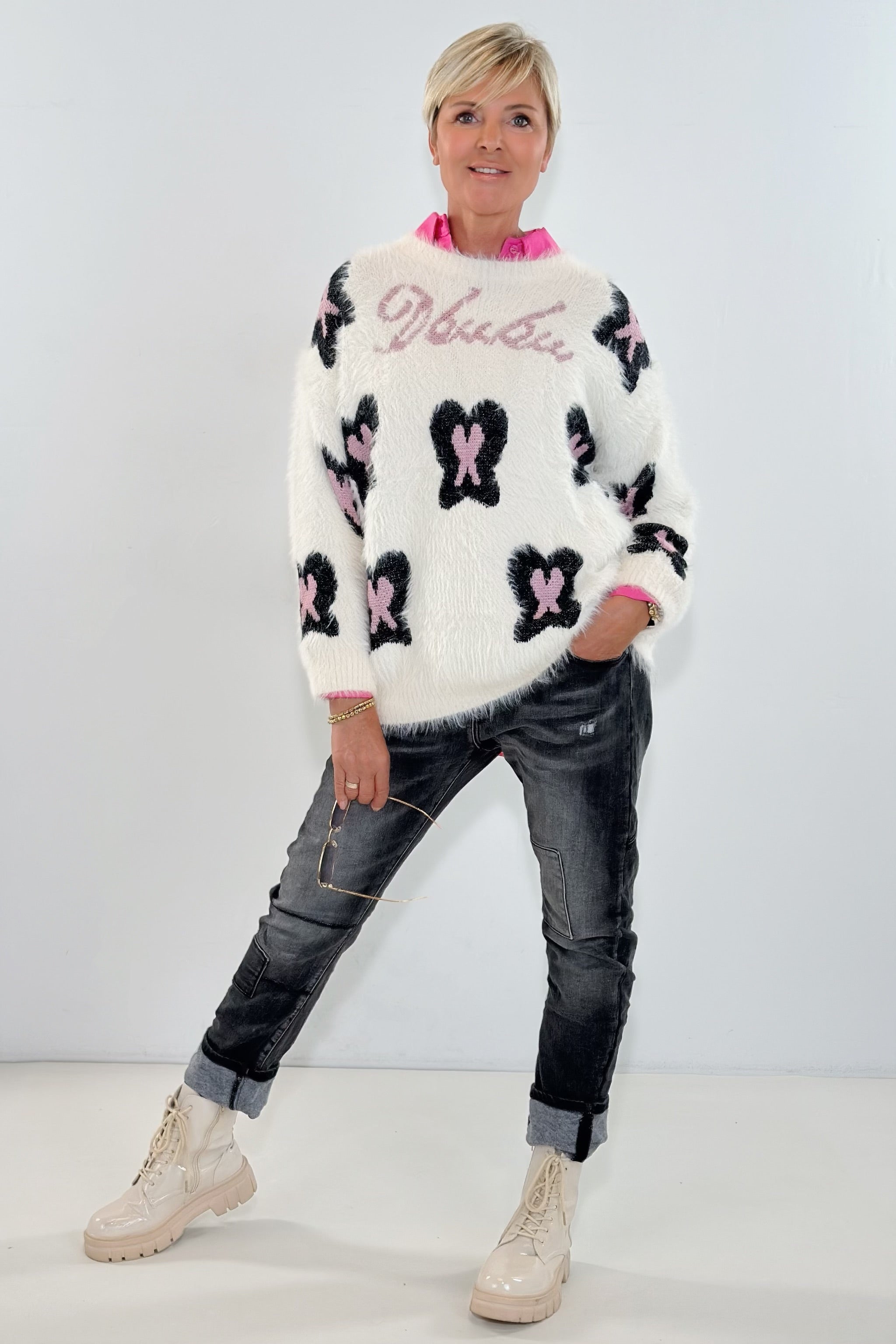 Mega kuscheliger Pulli, ecru-schwarz