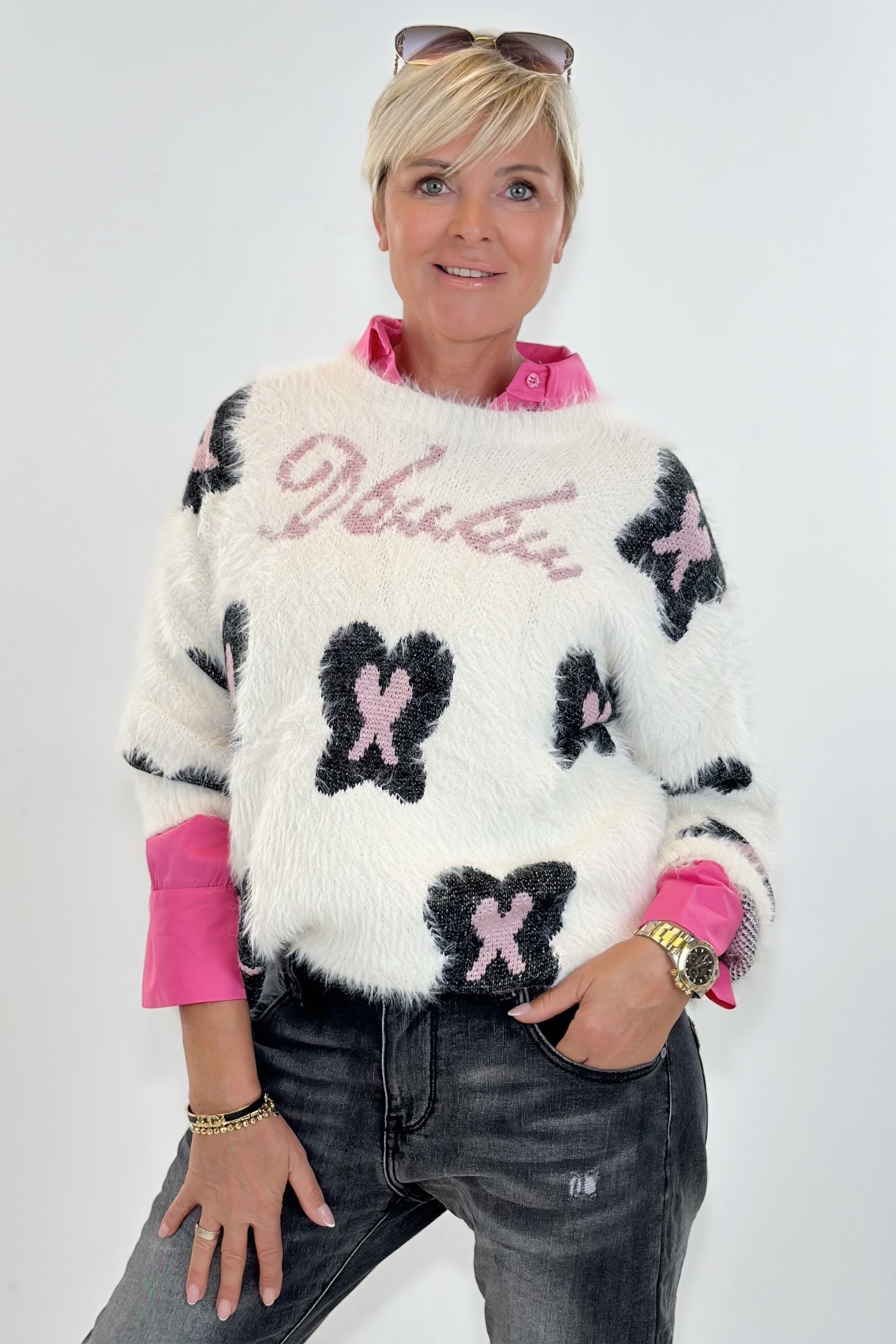 Mega kuscheliger Pulli, ecru-schwarz