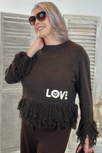 kurzer Strickpulli mit Fransen, braun-creme