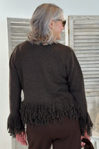 kurzer Strickpulli mit Fransen, braun-creme