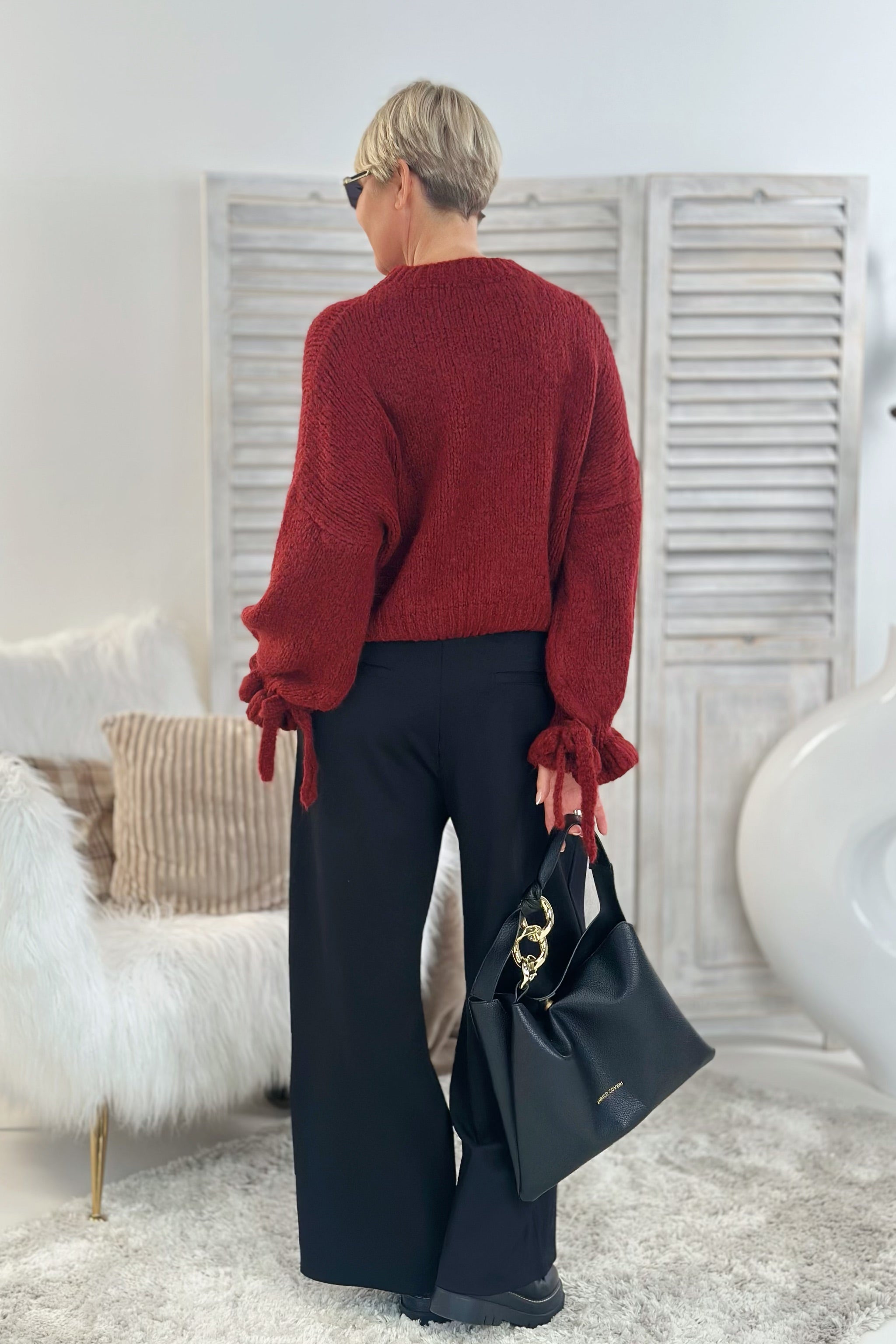 Strickpulli mit langen Rüschenärmeln, bordeaux