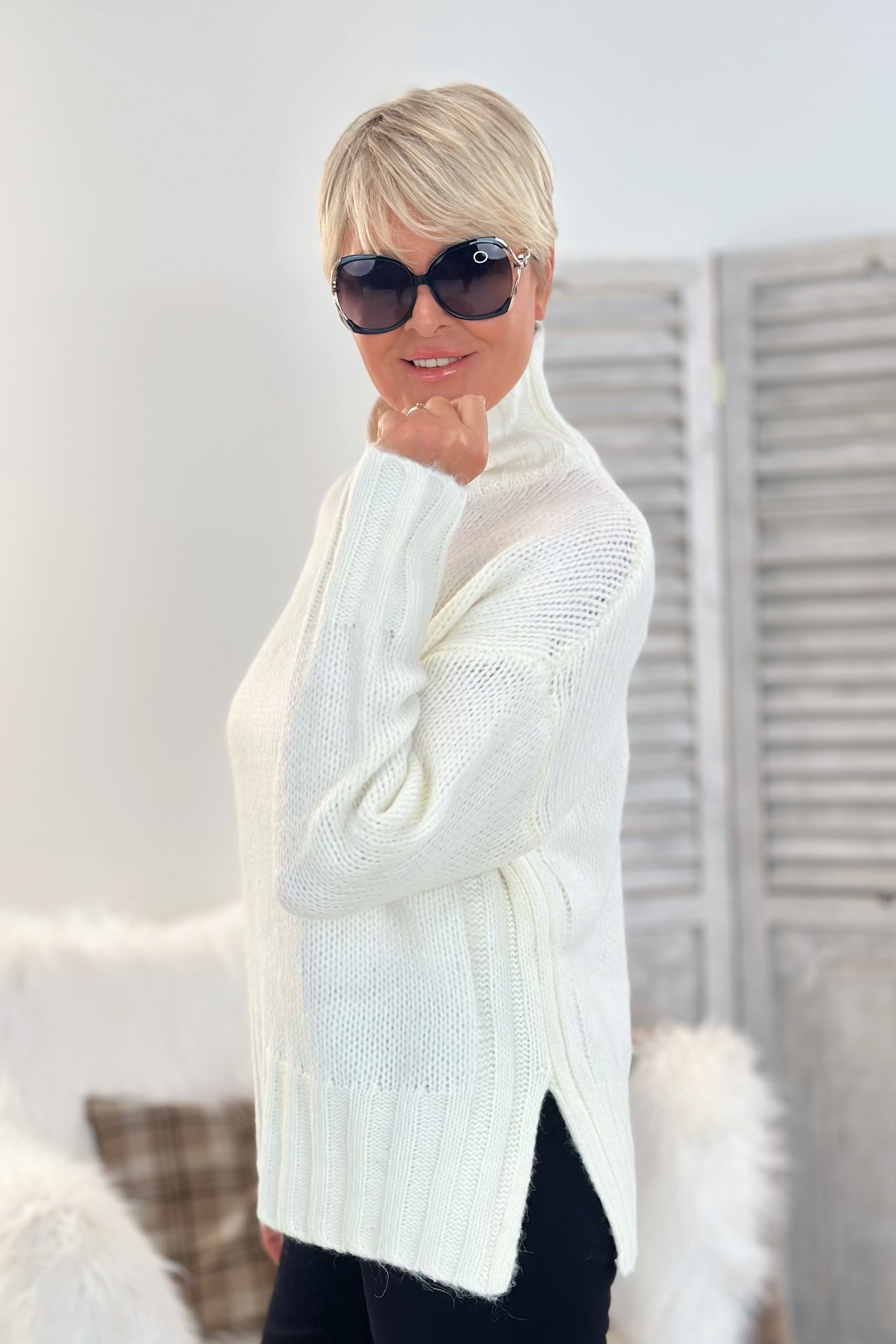 Rollkragen Strickpullover, ecru