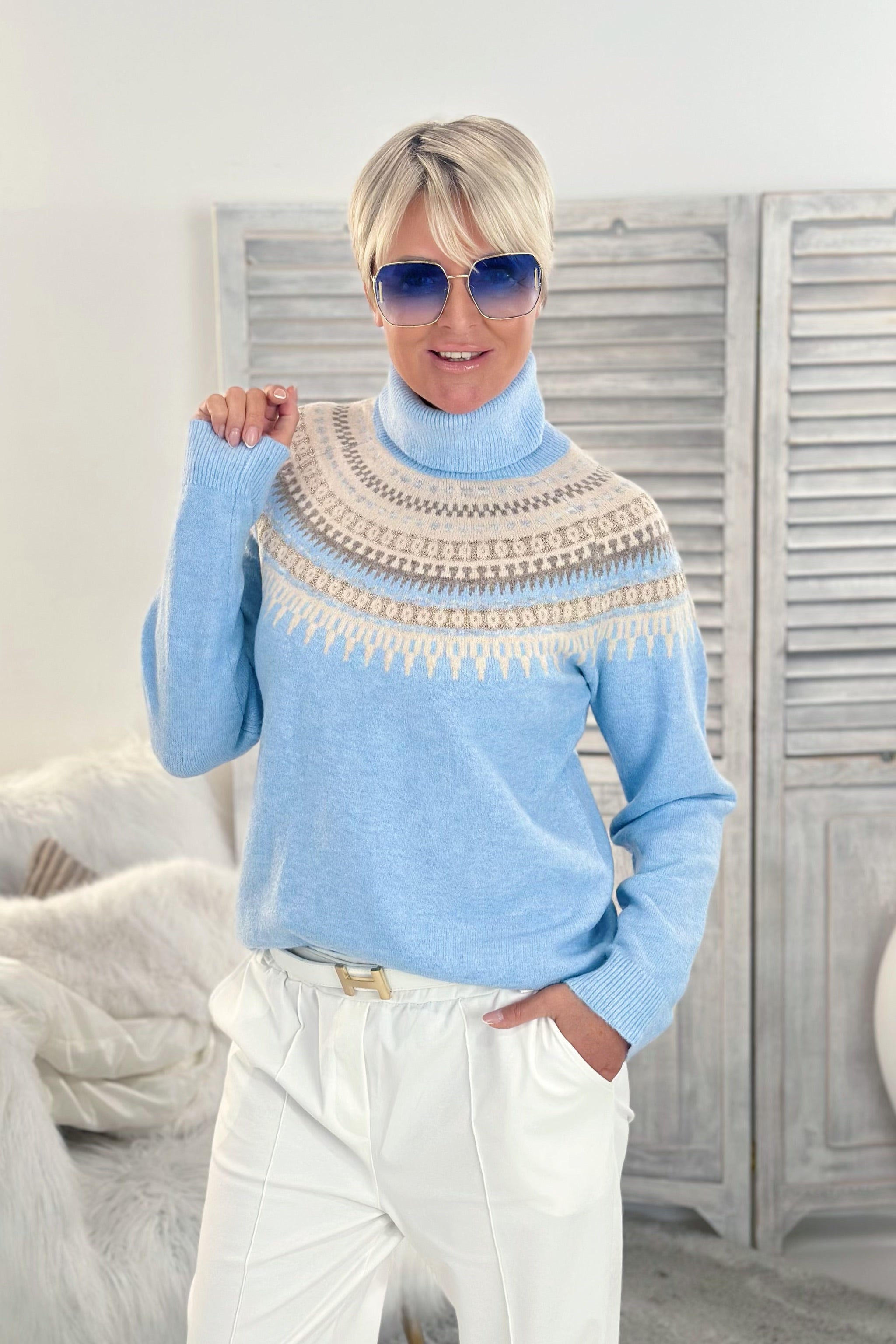 Rollkragenpullover mit Norweger-Muster, hellblau-melliert-beige