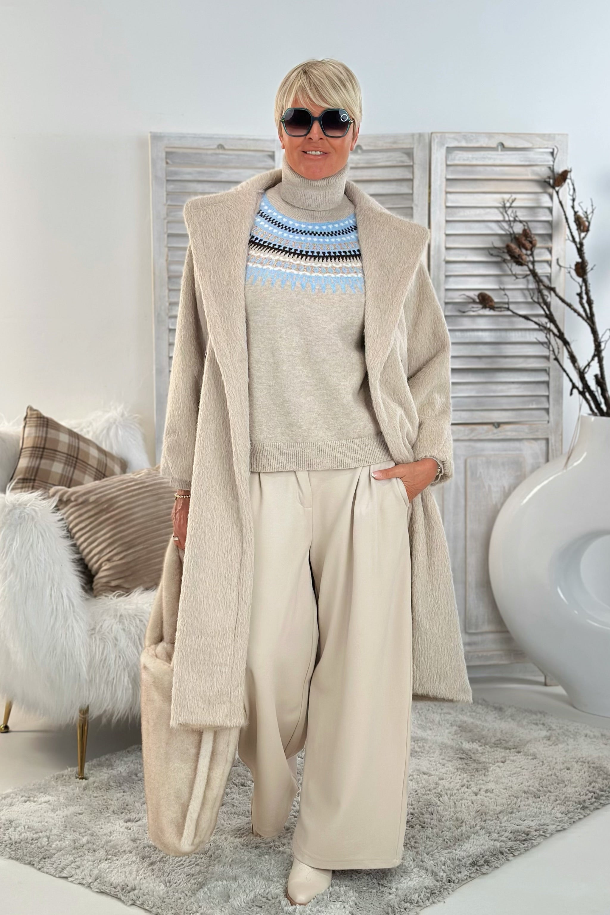 Rollkragenpullover mit Norweger-Muster, beige-melliert-hellblau