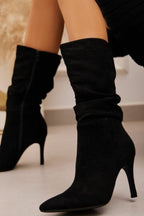 High-Heel Stiefel in Wildlederoptik, schwarz