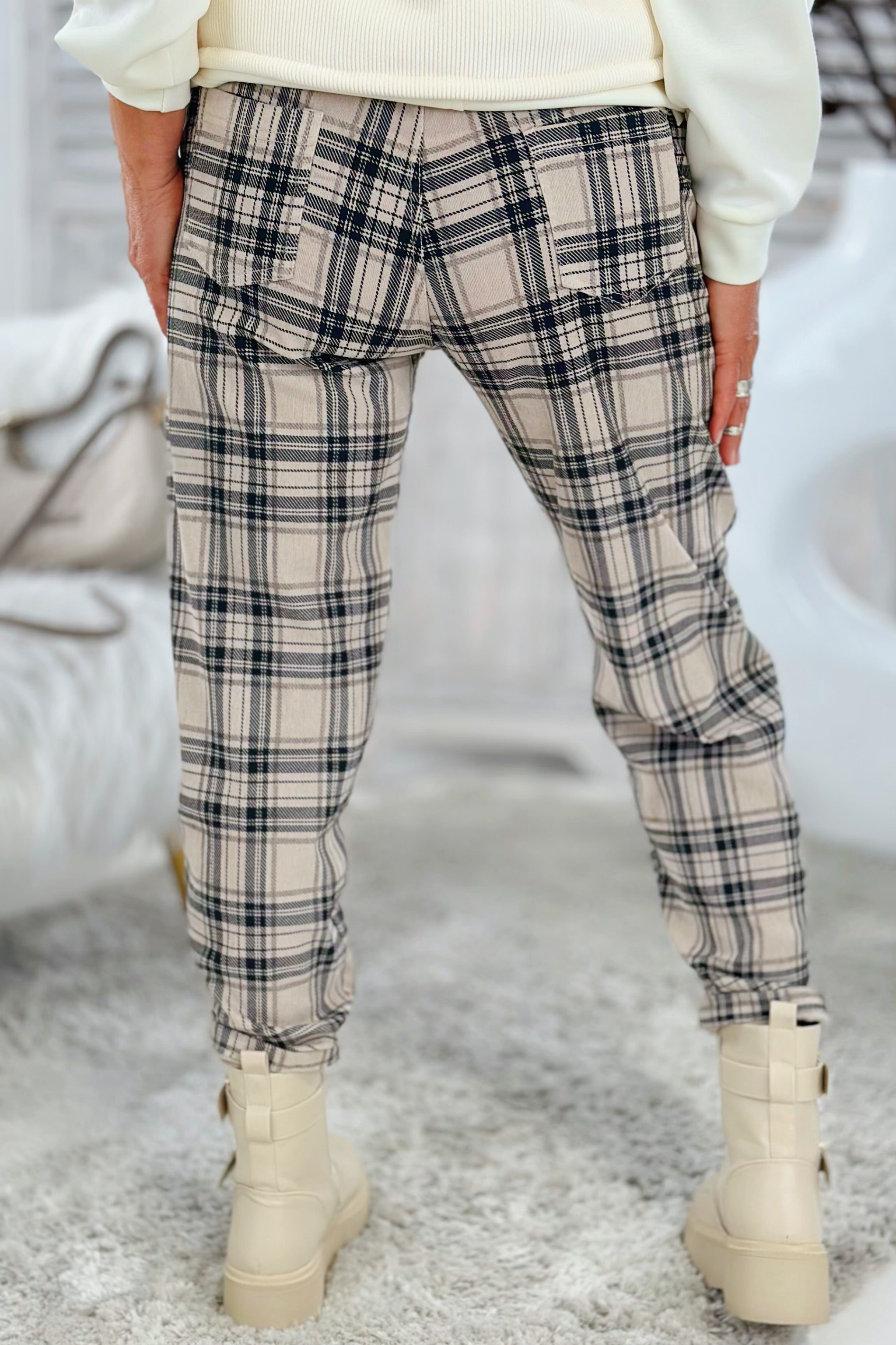 Feincord Karo-Hose, beige-schwarz