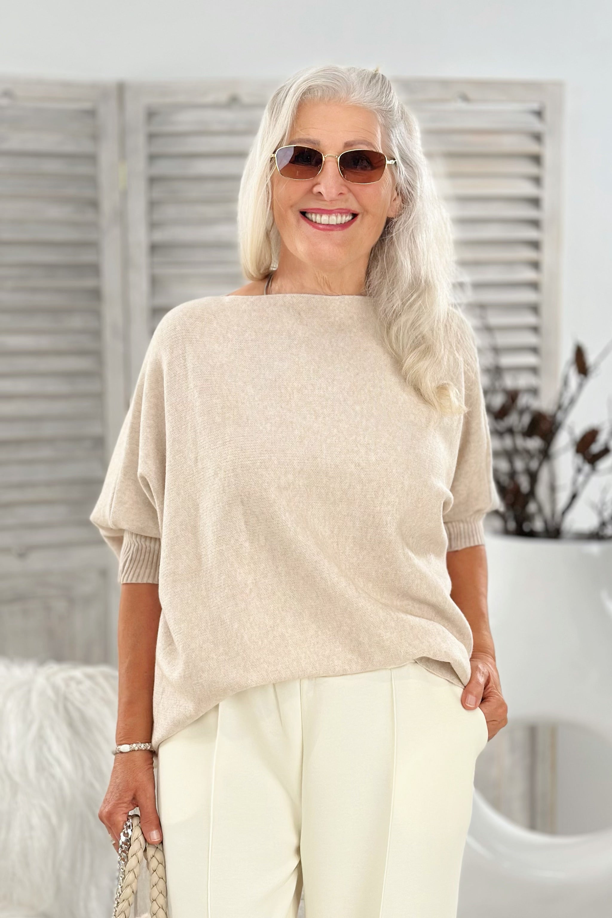 Oversized Pulli - quergestrickt, beige