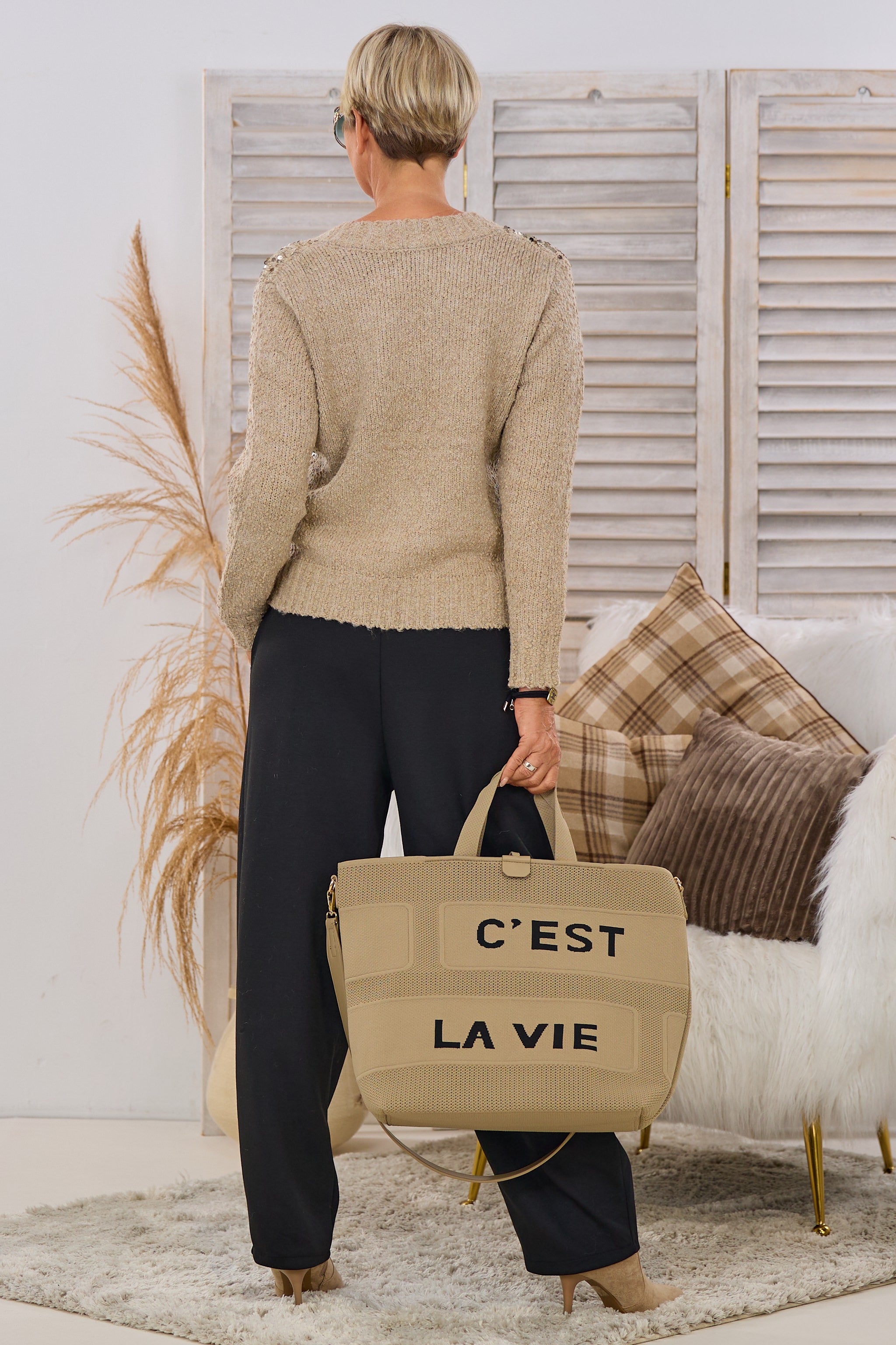 Bouclé-Pulli mit Pailletten, taupe