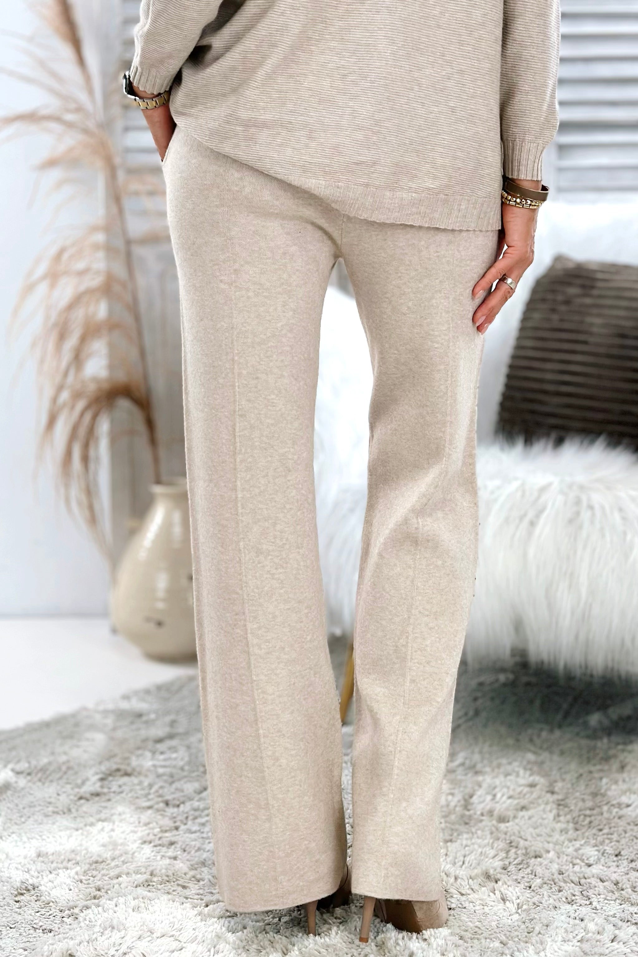 Feinstrickhose mit Glitzersteinchen, beige