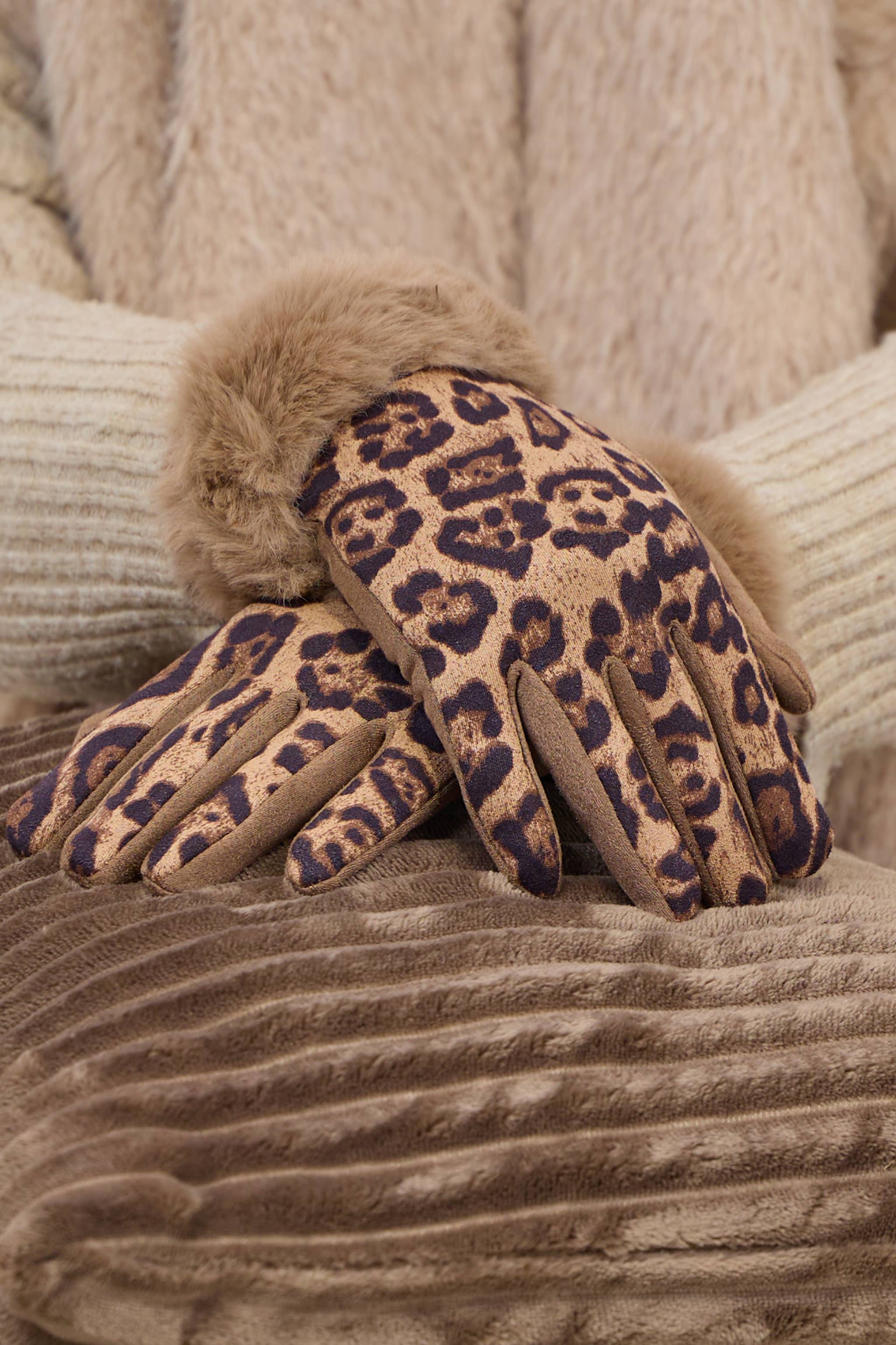 Handschuhe mit Fell-Abschluss, taupe-leo