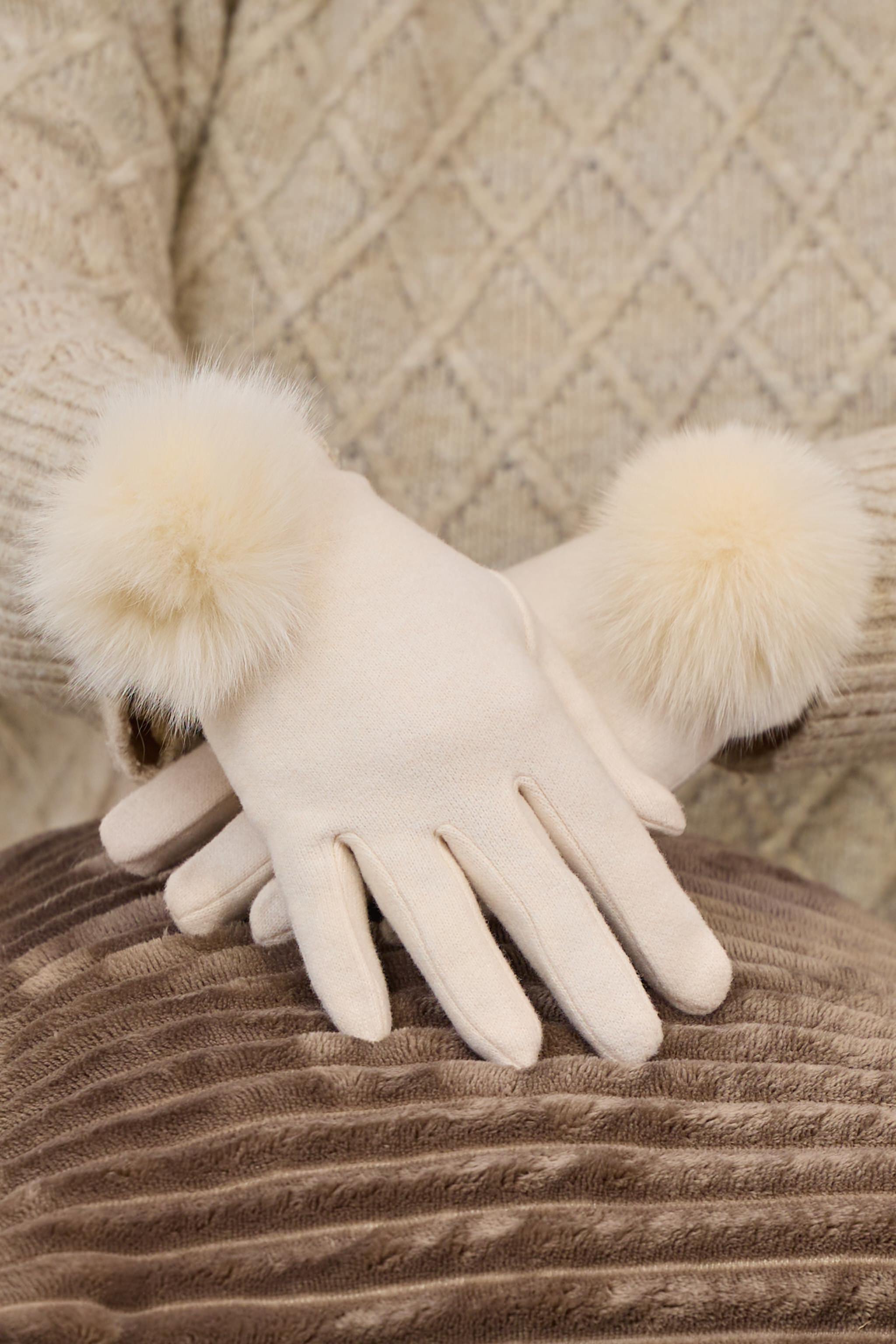Handschuhe mit Fell-Puschel, creme