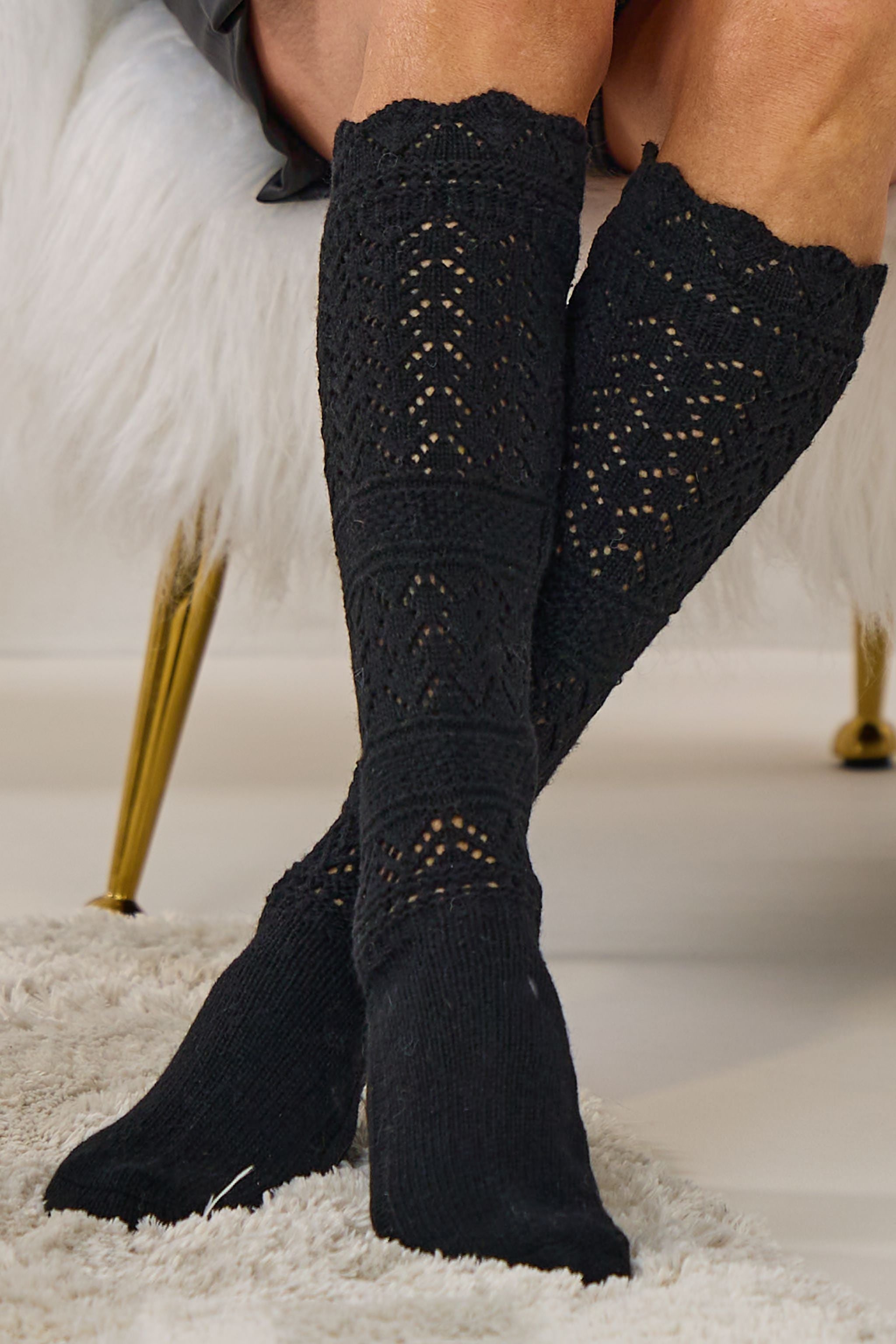 Kniestrümpfe mit Lochstrickmuster, schwarz