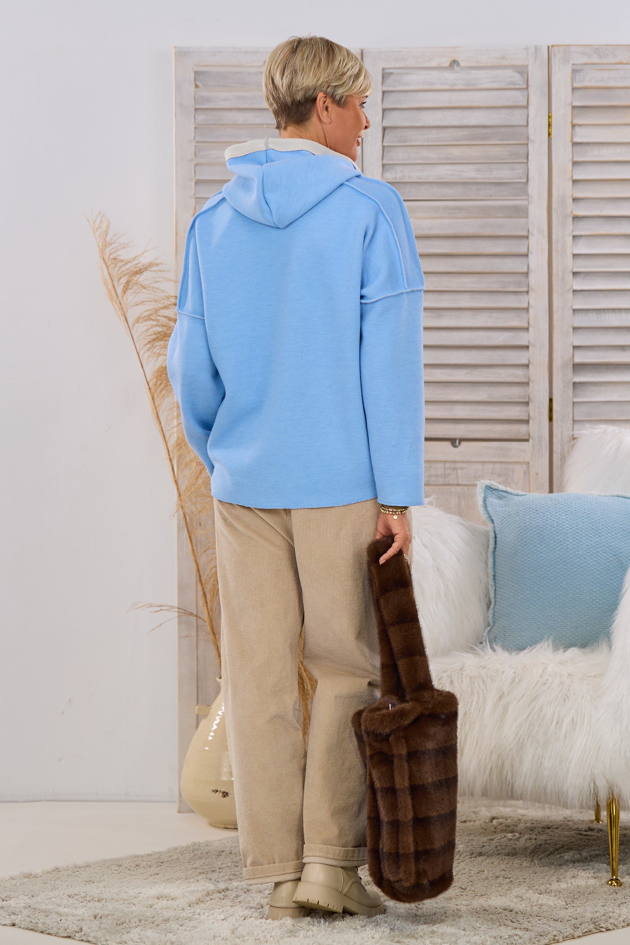 Feinstrick-Hoodie Norderney bicolor, hellblau-beige