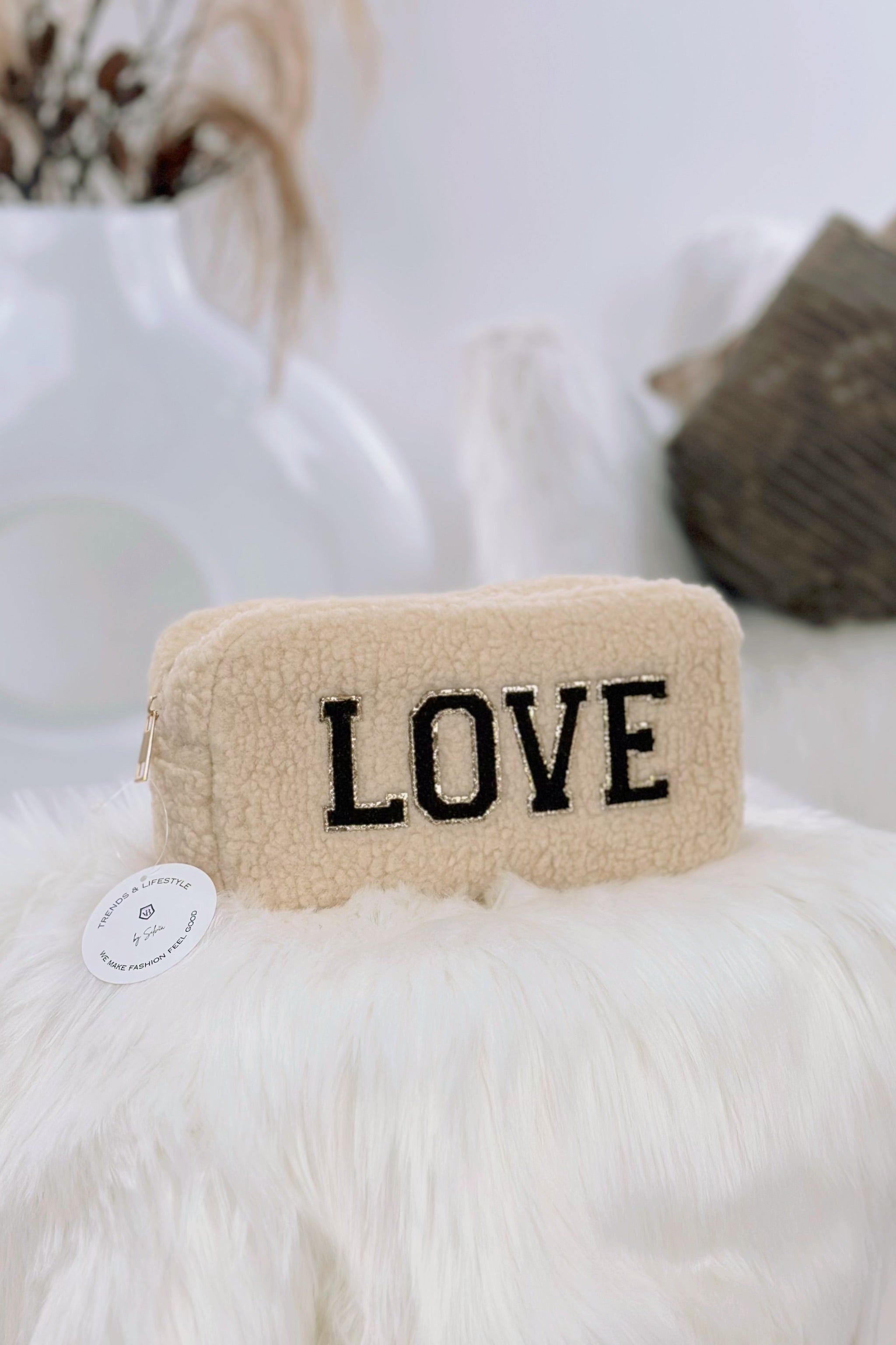 Teddy-Kosmetiktasche LOVE, beige-braun-gold