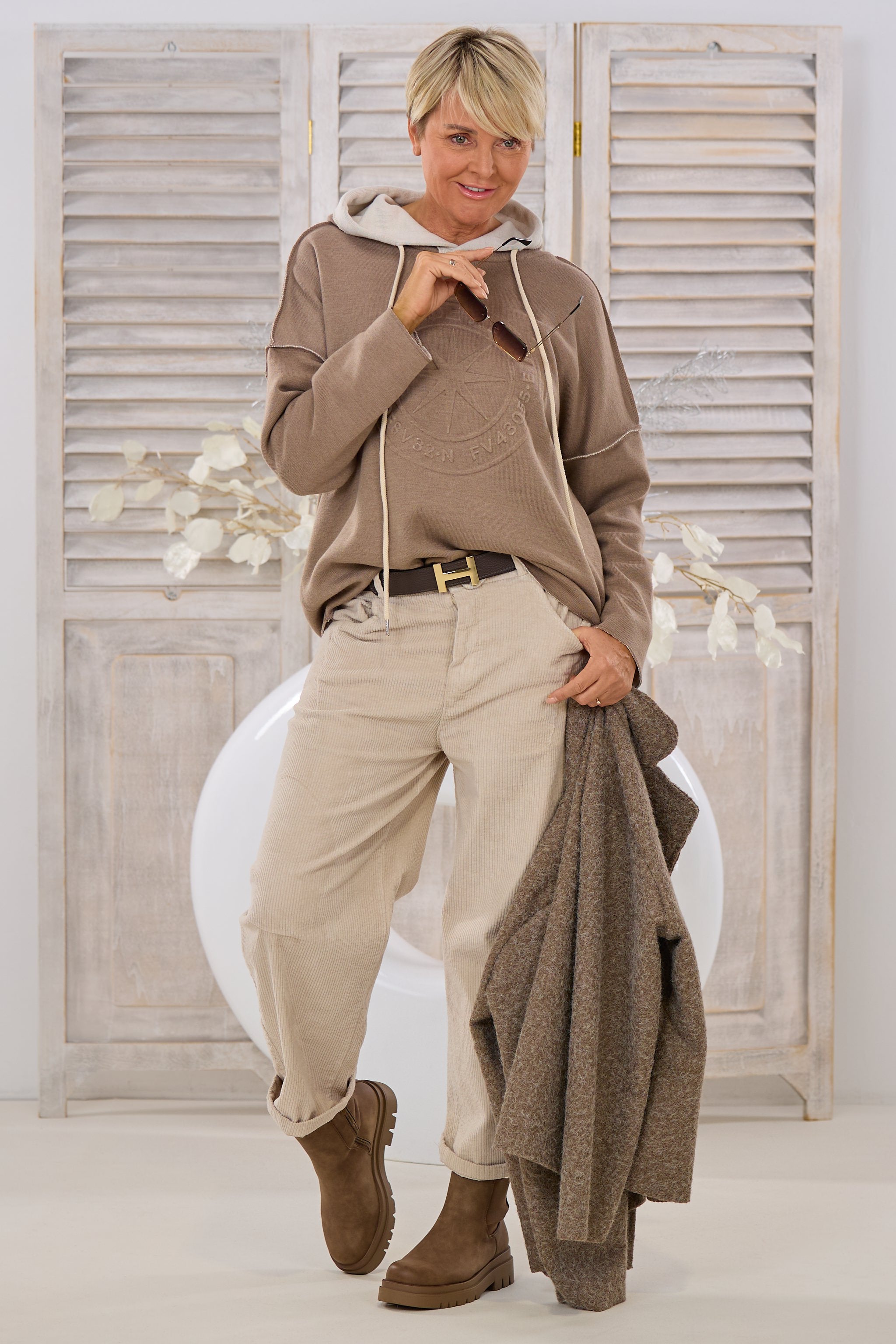 Feinstrick-Hoodie Norderney bicolor, taupe-beige