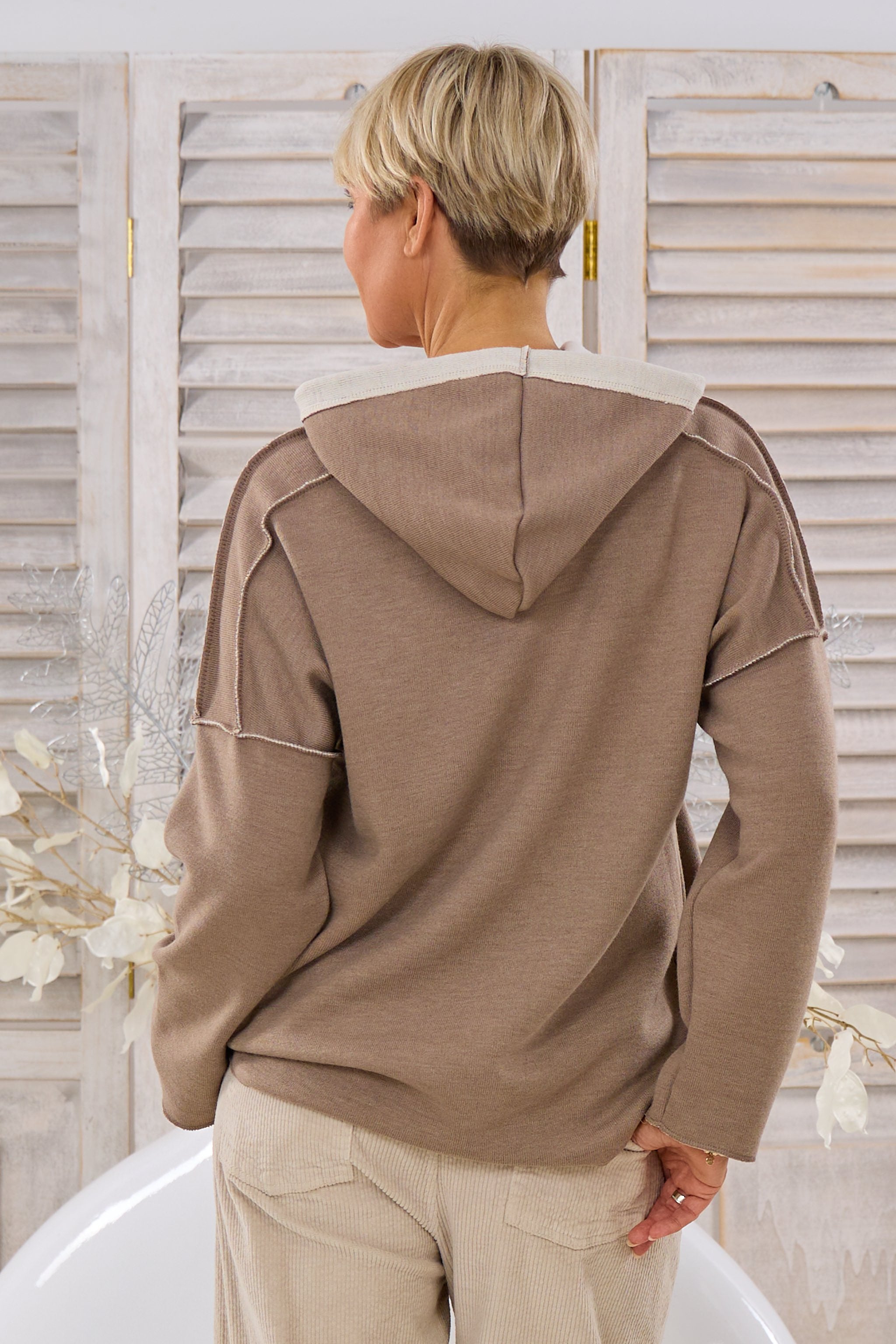 Feinstrick-Hoodie Norderney bicolor, taupe-beige