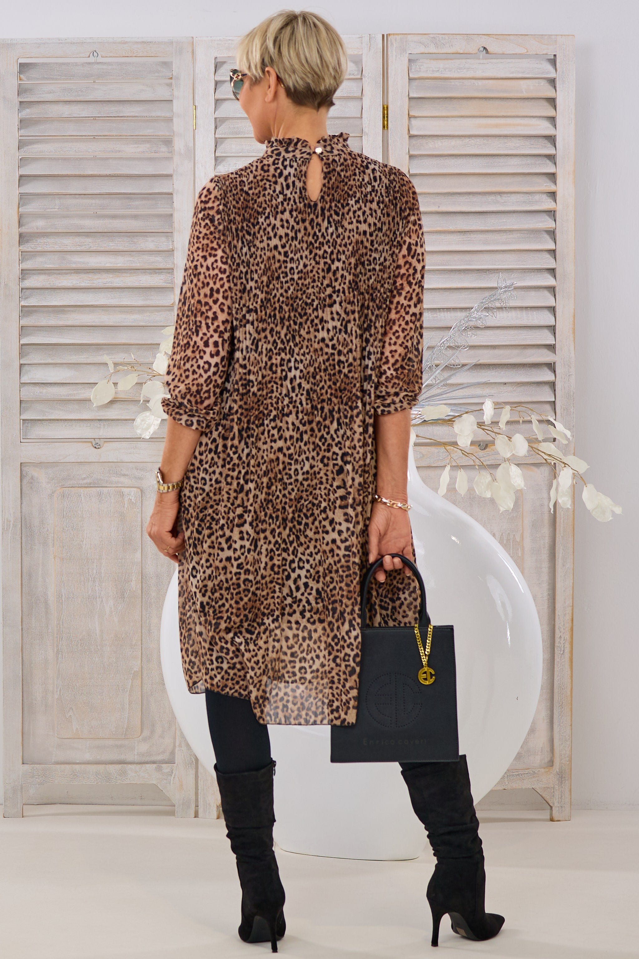 Leo-Plissée-Kleid mit Stehkragen, leo