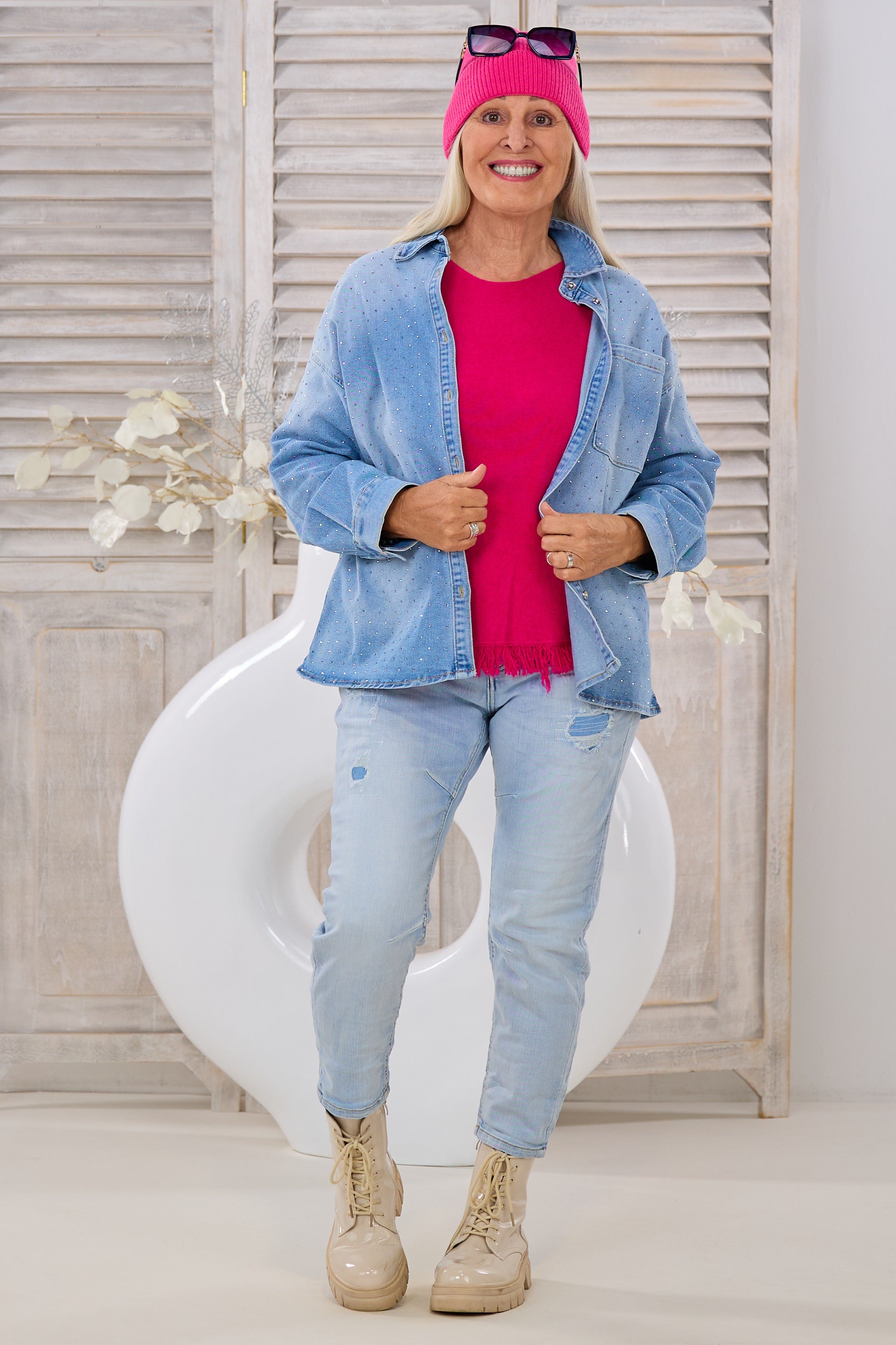 quergestrickter Strickpulli mit Fransen, pink