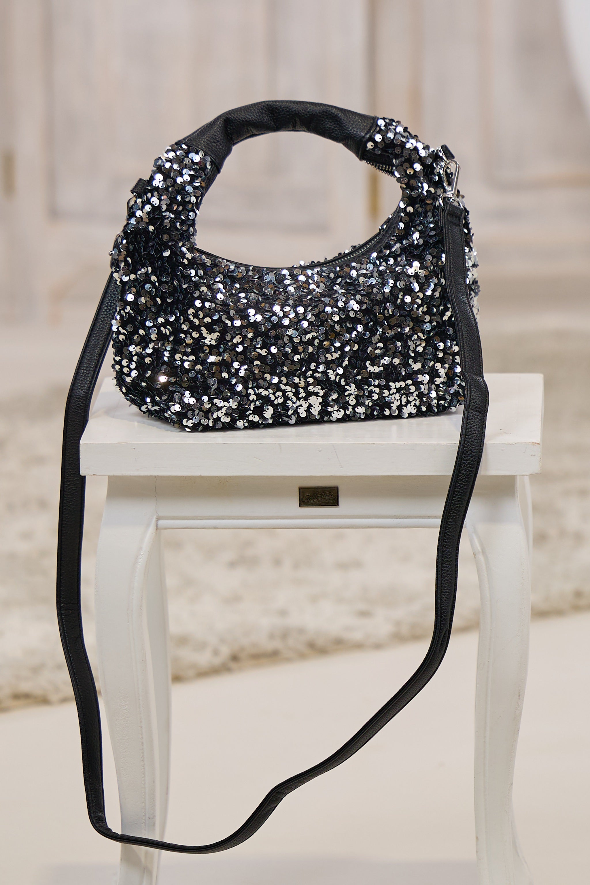 Pailletten Handtasche, schwarz-silber