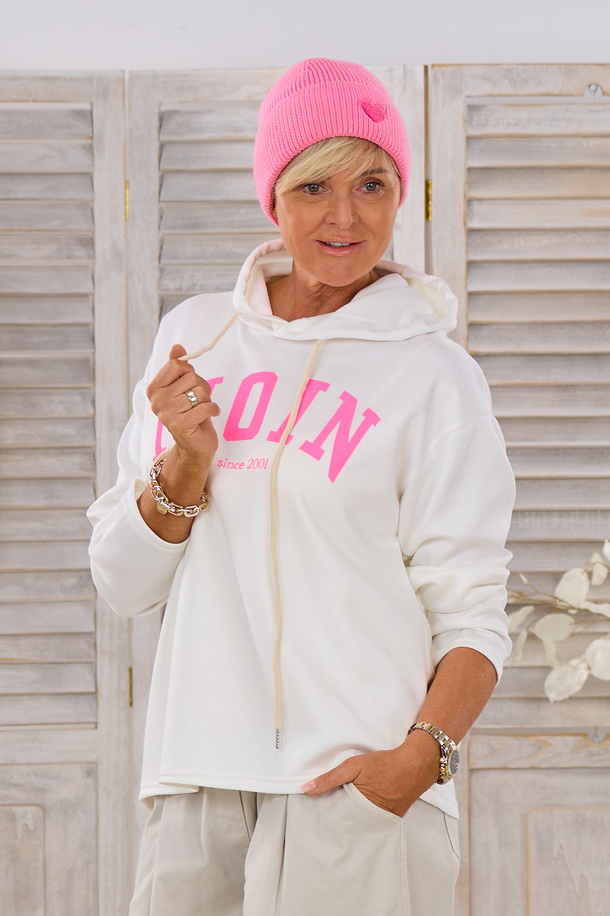 Cozy Hoodie MOIN, ecru-neonpink