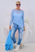 Asymmetrisches Spitzen-Langarmshirt, hellblau