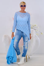 Asymmetrisches Spitzen-Langarmshirt, hellblau