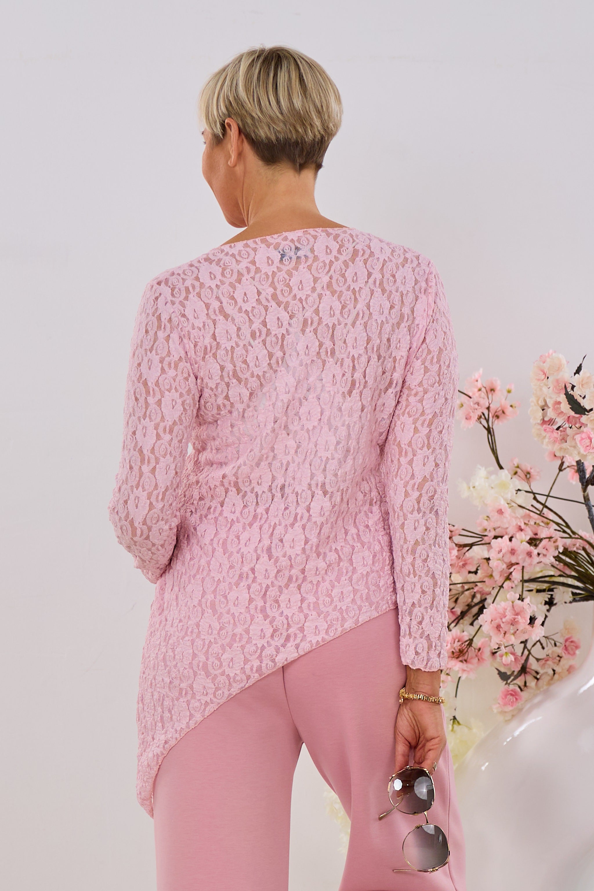 Asymmetrisches Spitzen-Langarmshirt, rosa