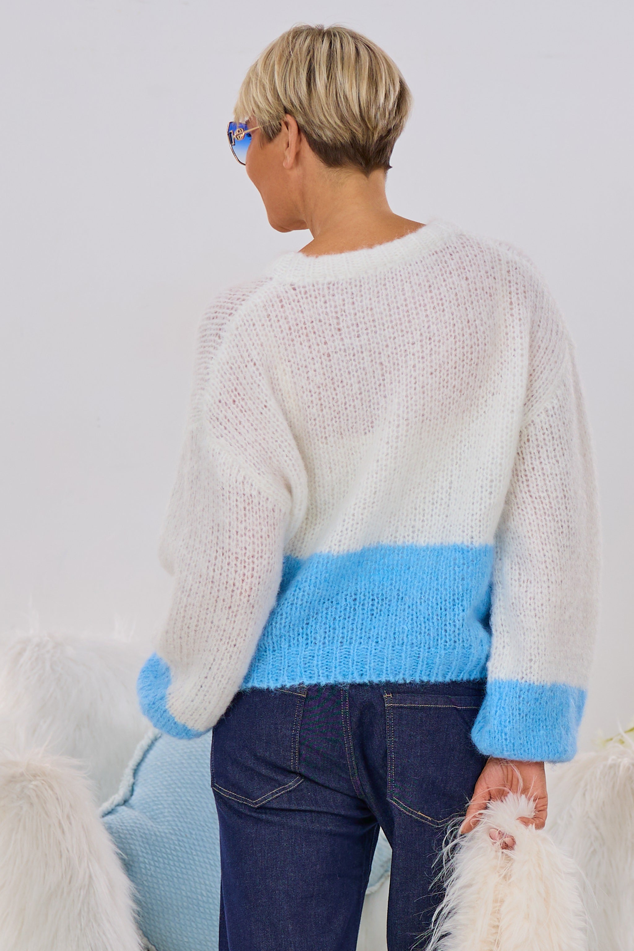 Grobstrick Pullover Bi-Color, ecru-hellblau