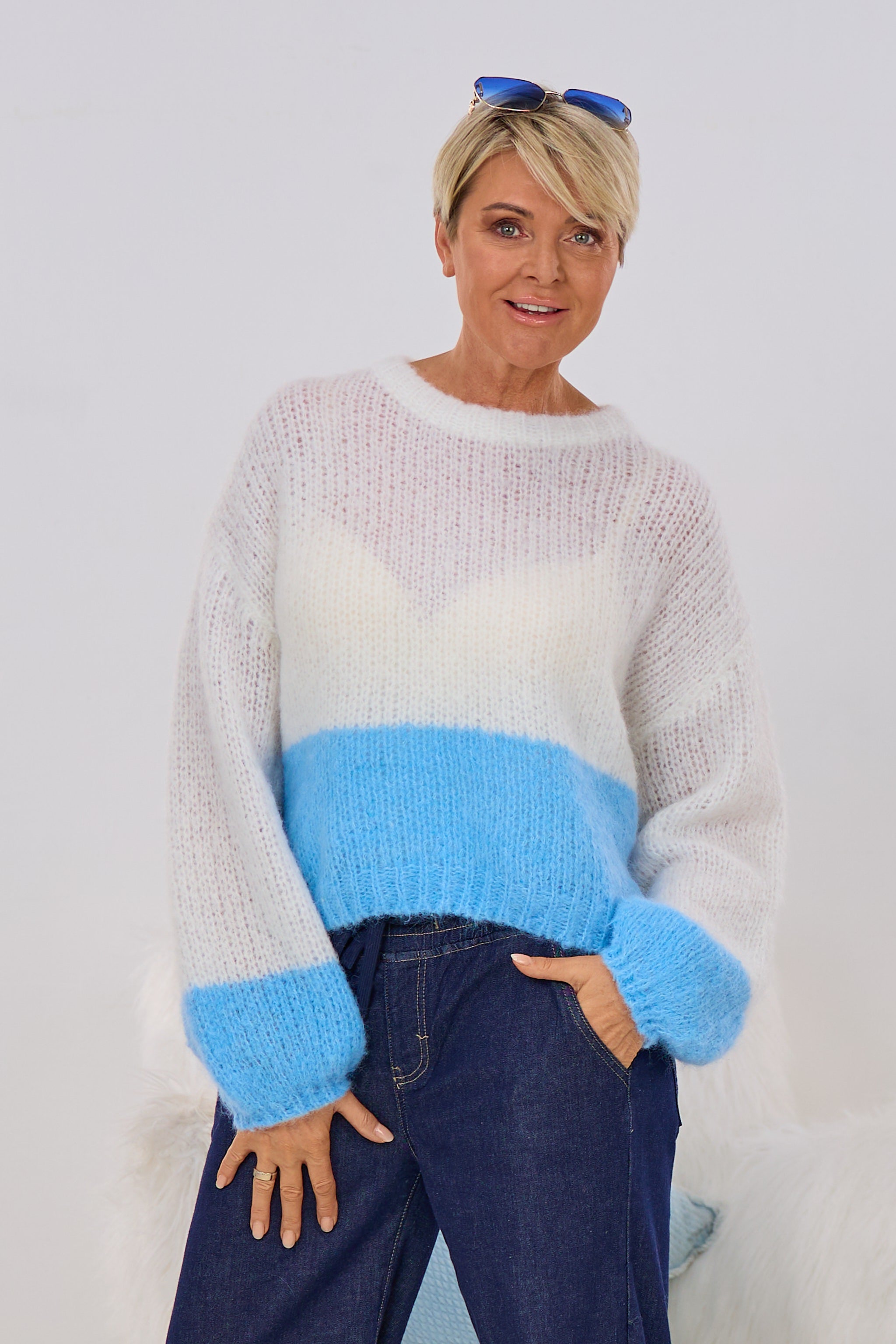 Grobstrick Pullover Bi-Color, ecru-hellblau