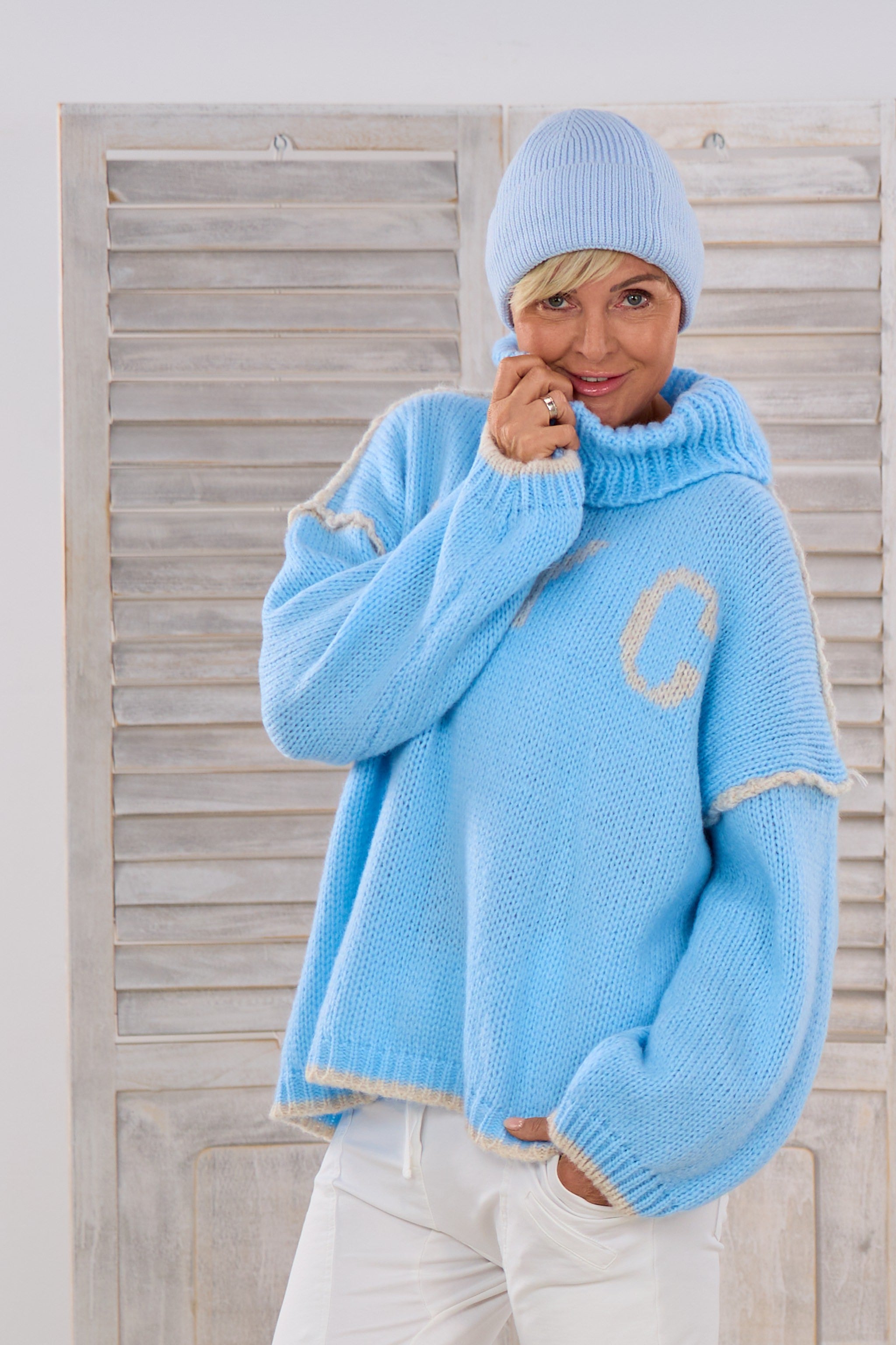 Bicolor Pulli HEY, hellblau-ecru