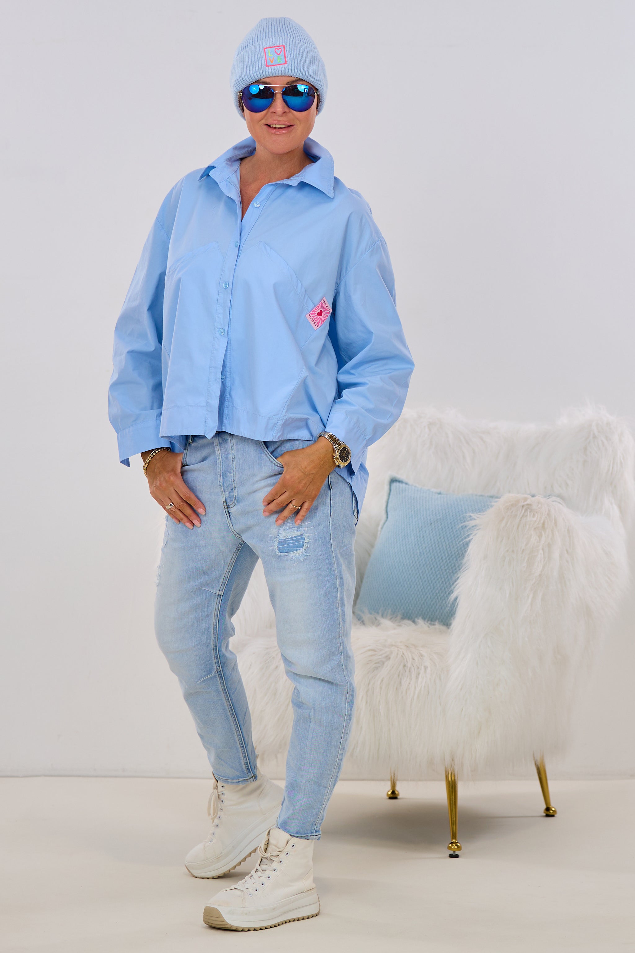 Oversized Bluse mit Taschen, hellblau