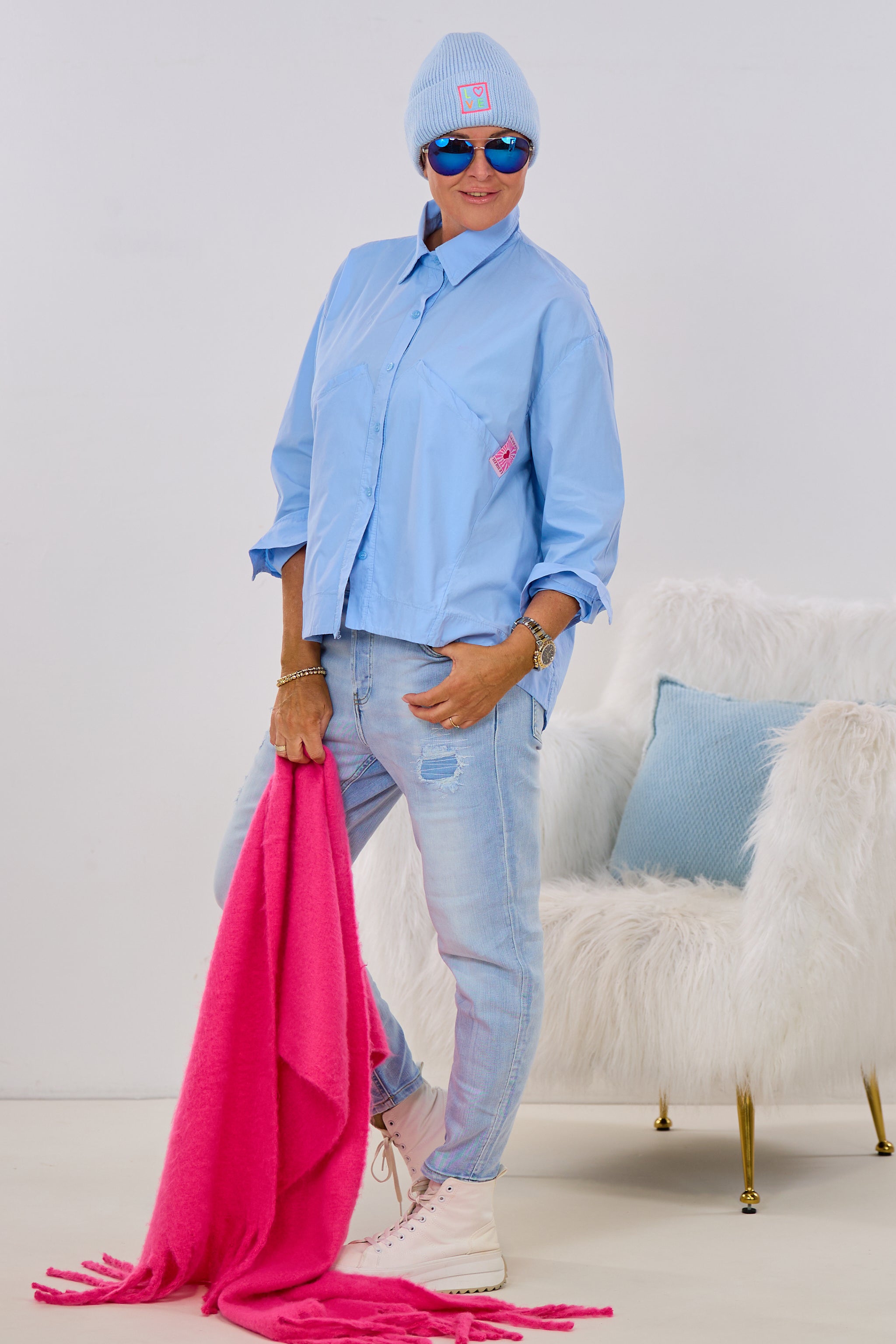 Oversized Bluse mit Taschen, hellblau
