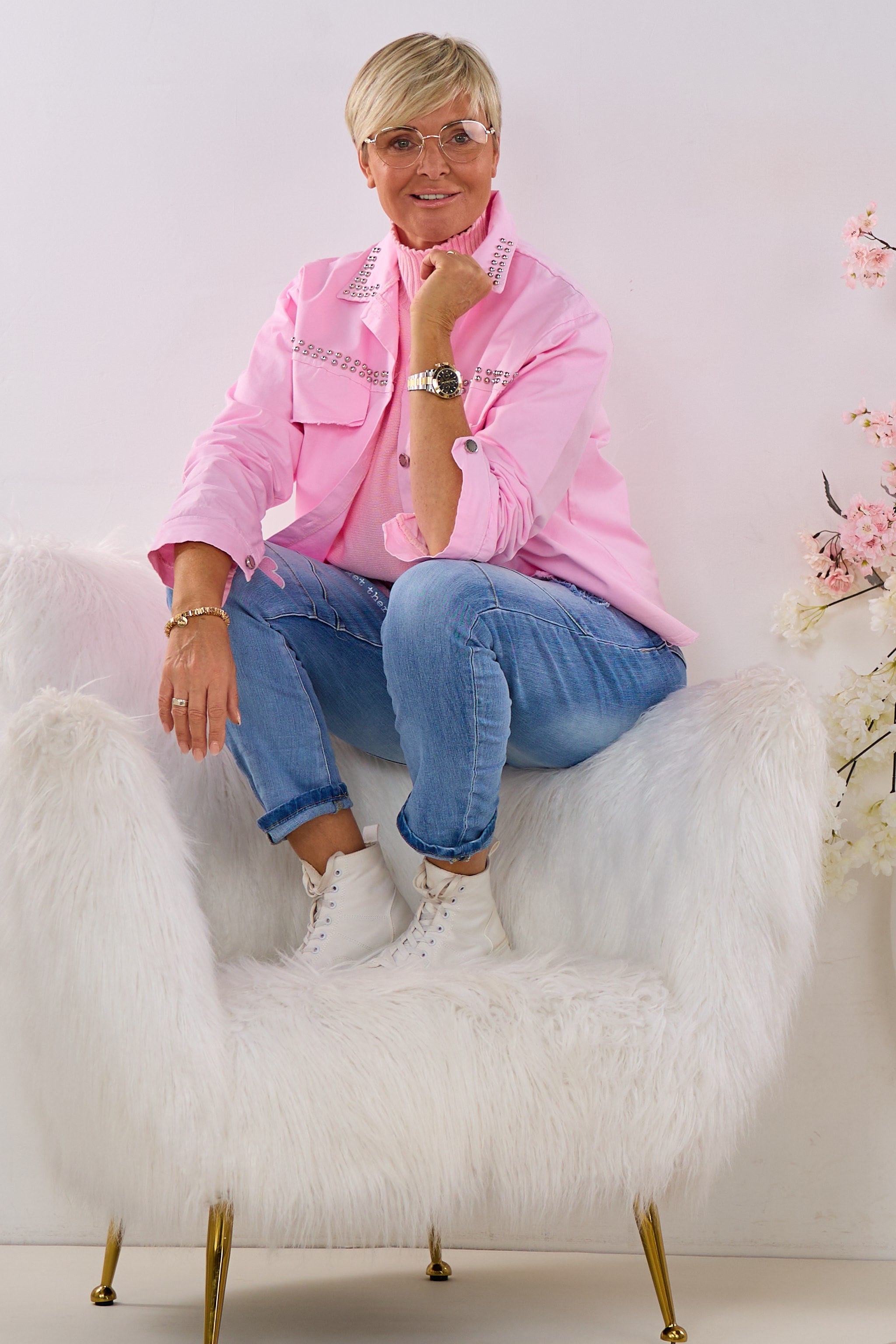 Hemdbluse mit Nieten, rosa-silber