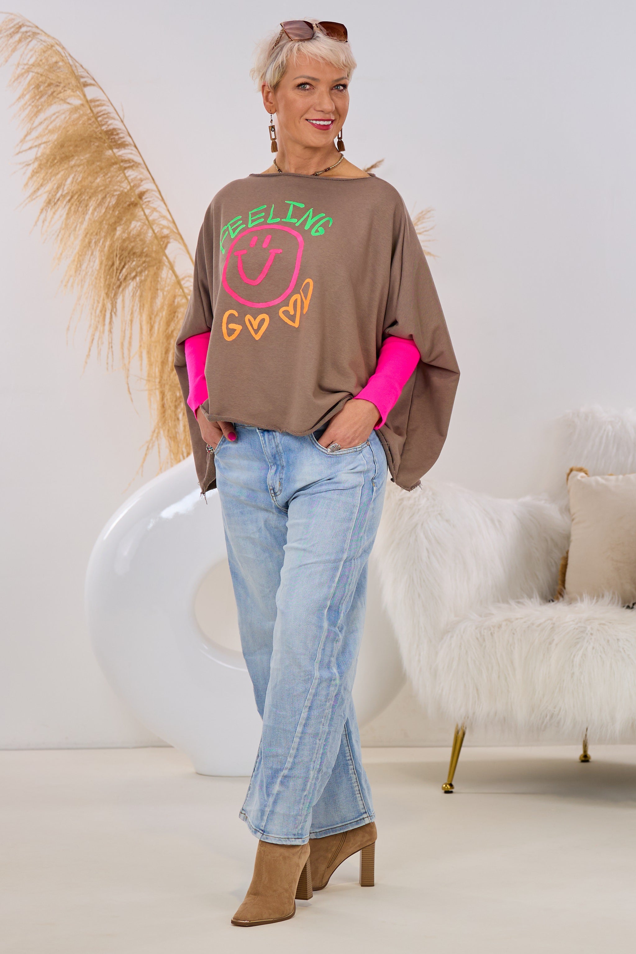 Oversized Sweaty FEELING GOOD, taupe-pink-bunt